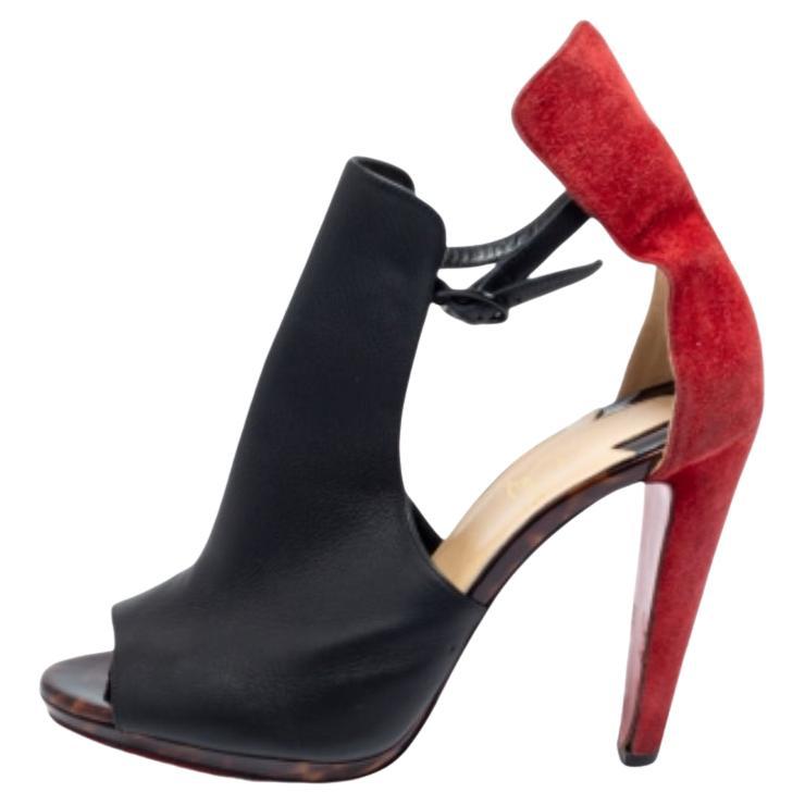 Christian Louboutin Black/Red Suede Leather Barabara Cutout Ankle Boots Size 40 For Sale