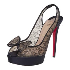 Christian Louboutin Black Satin and Lace Exclu Slingback Sandals Size 39