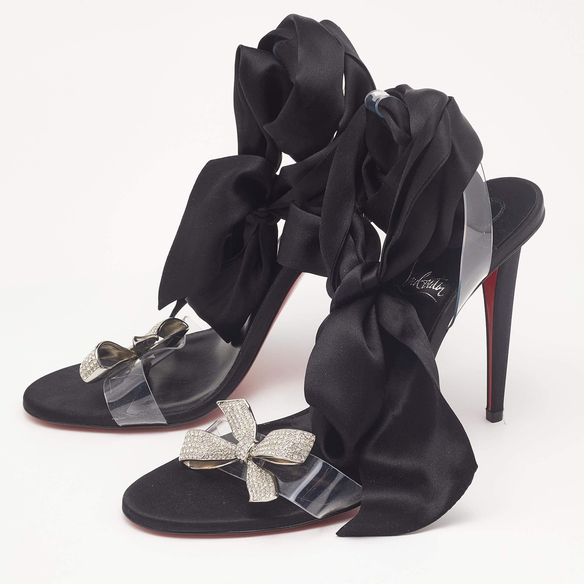 Women's Christian Louboutin Black Satin and PVC Astrinodo Ankle Tie Sandals Size 40