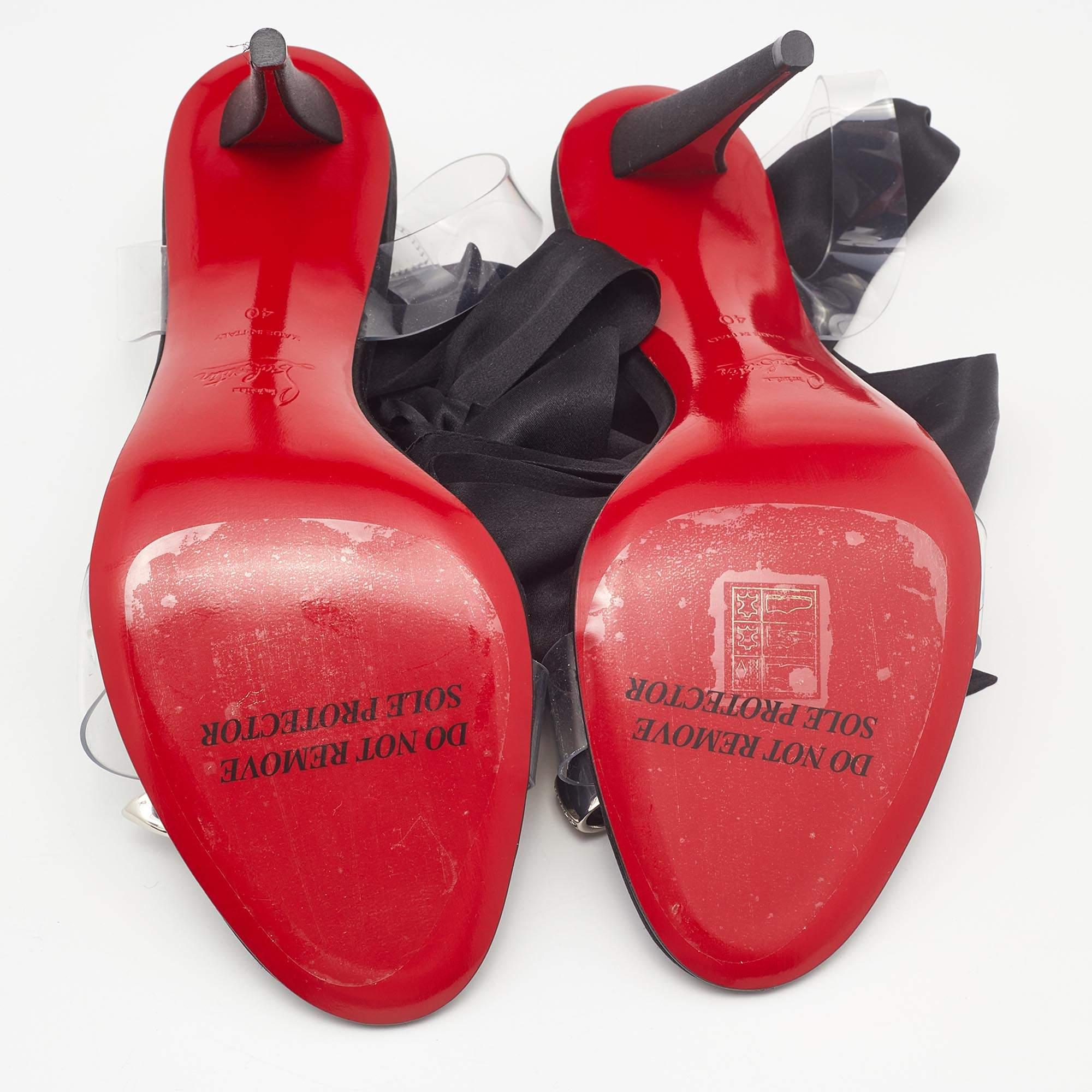 Christian Louboutin Black Satin and PVC Astrinodo Ankle Tie Sandals Size 40 5
