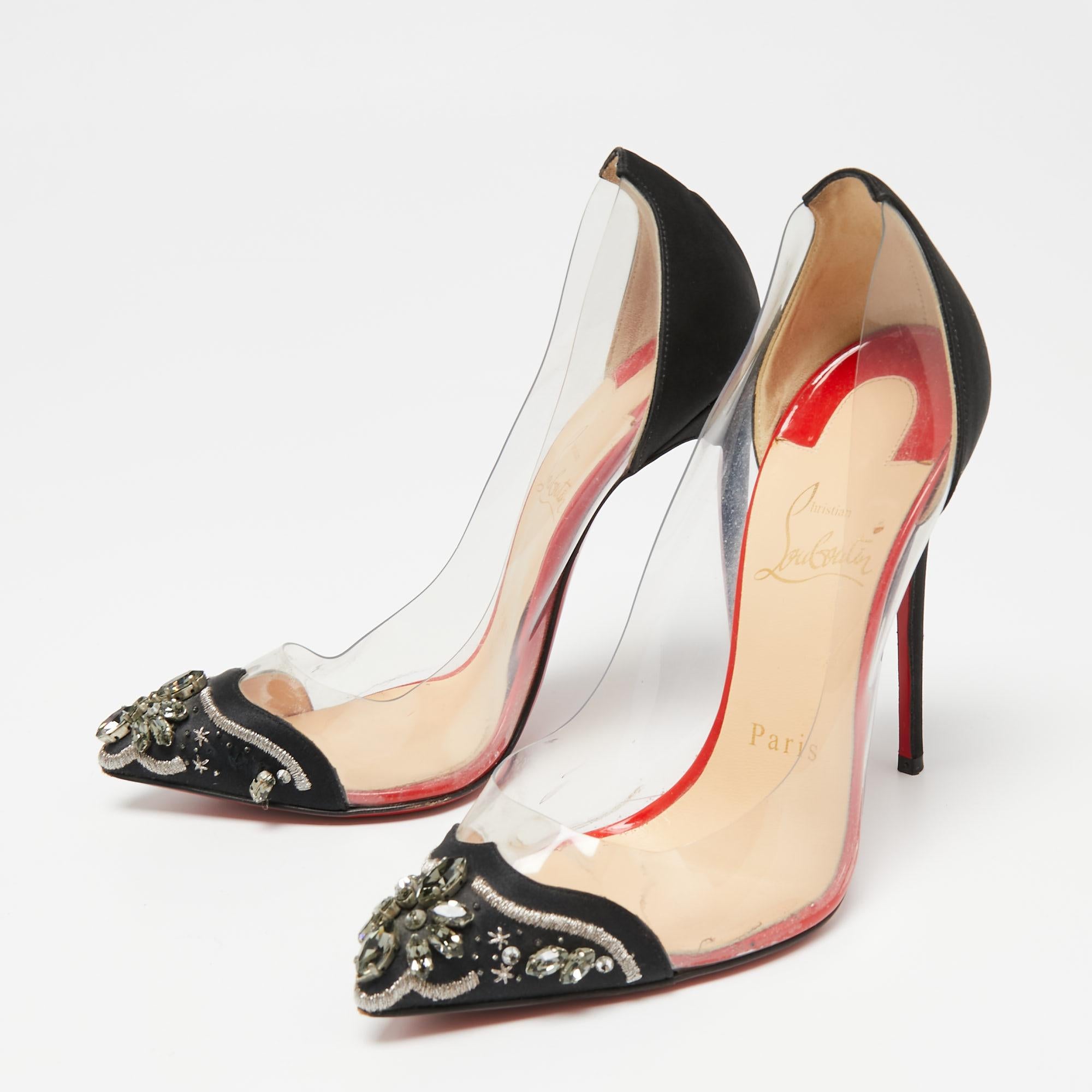 Inspired by the glamorous Hindi film industry called Bollywood, these Christian Louboutin pumps have sleek cuts and a curvaceous arch. The pointed-toes are decorated with handcrafted embellishments and the counters are covered with satin. The