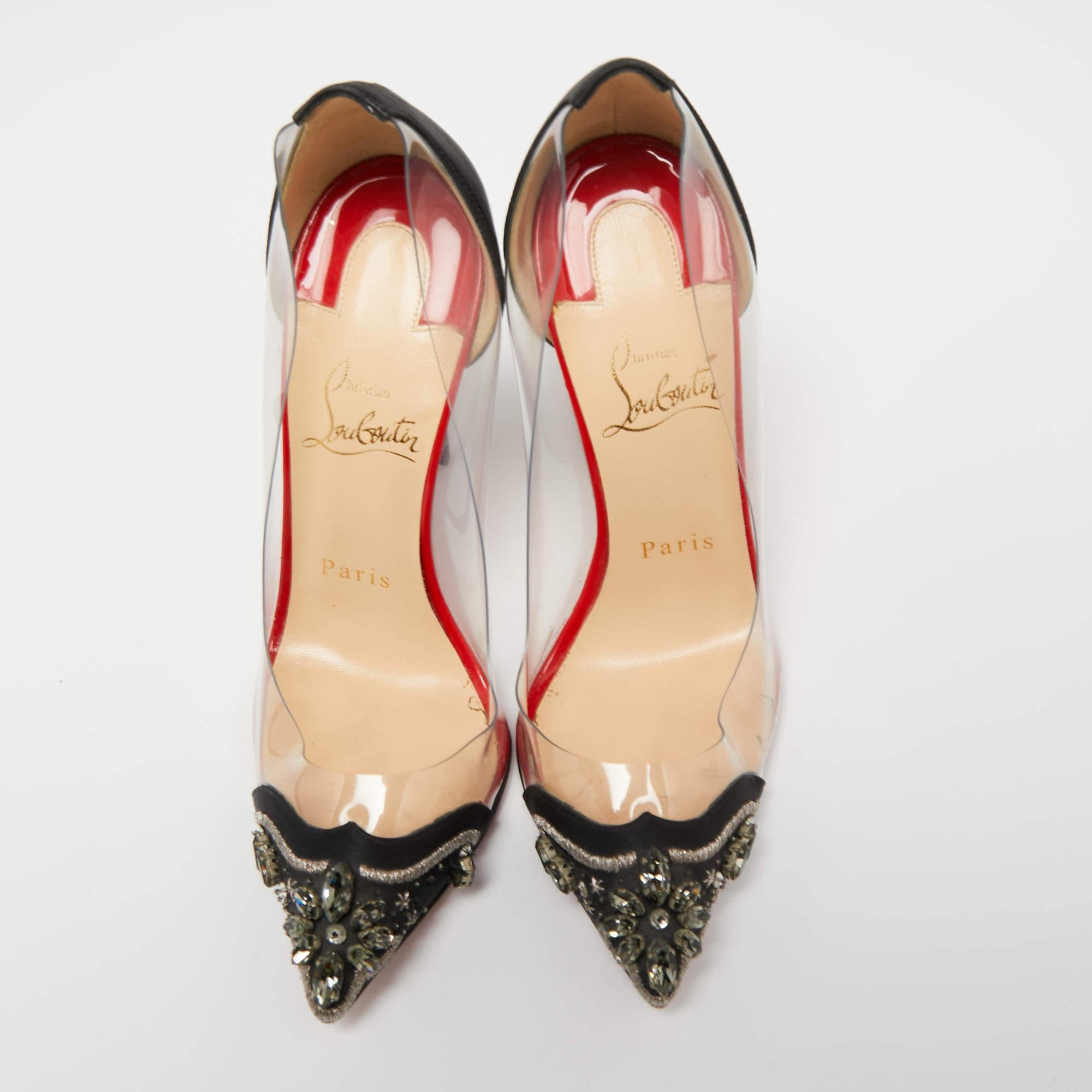 Inspired by the glamorous Hindi film industry called Bollywood, these Christian Louboutin pumps have sleek cuts and a curvaceous arch. The pointed-toes are decorated with handcrafted embellishments and the counters are covered with satin. The