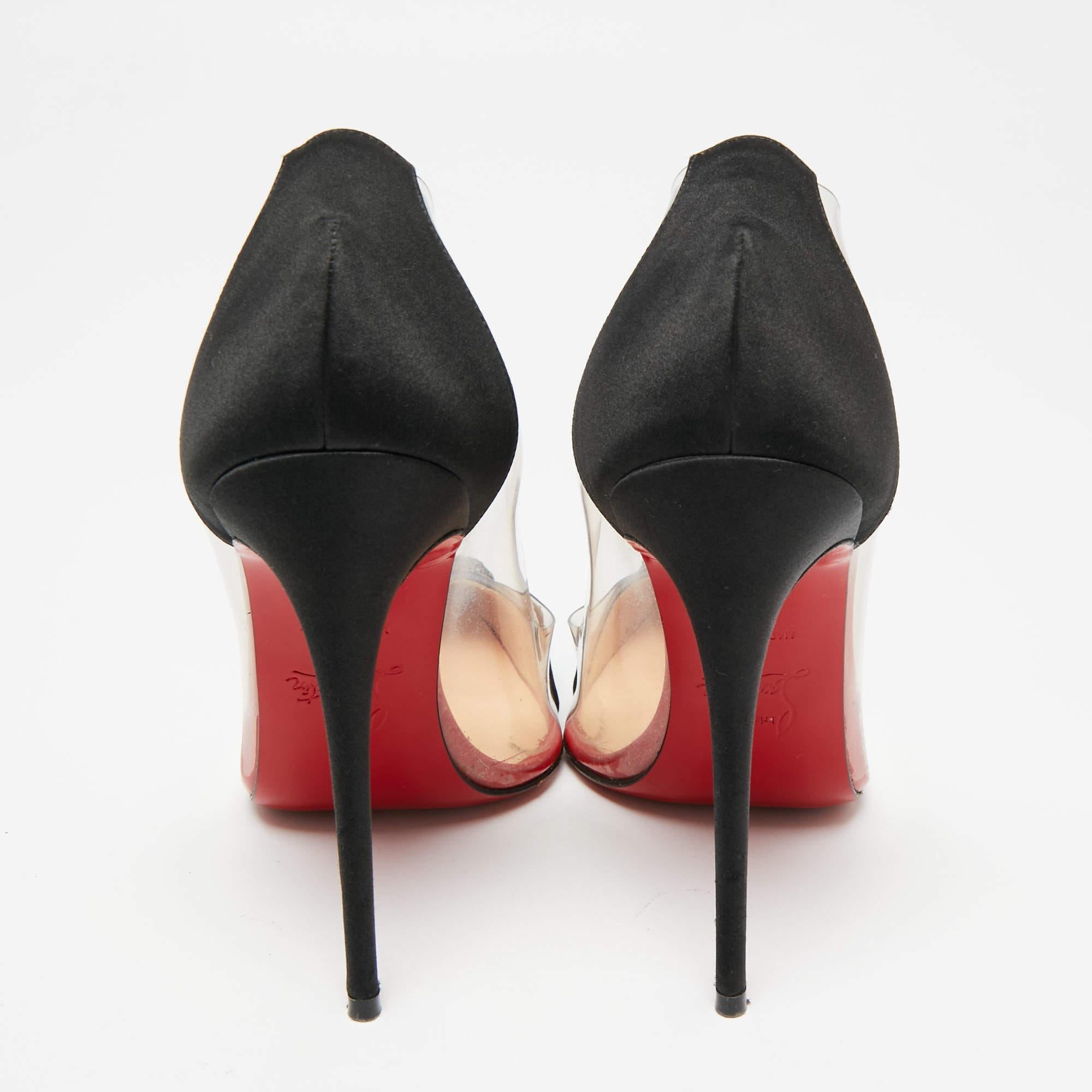 Beige Christian Louboutin Black Satin and PVC Bollywood Boulevard Pumps Size 36 For Sale