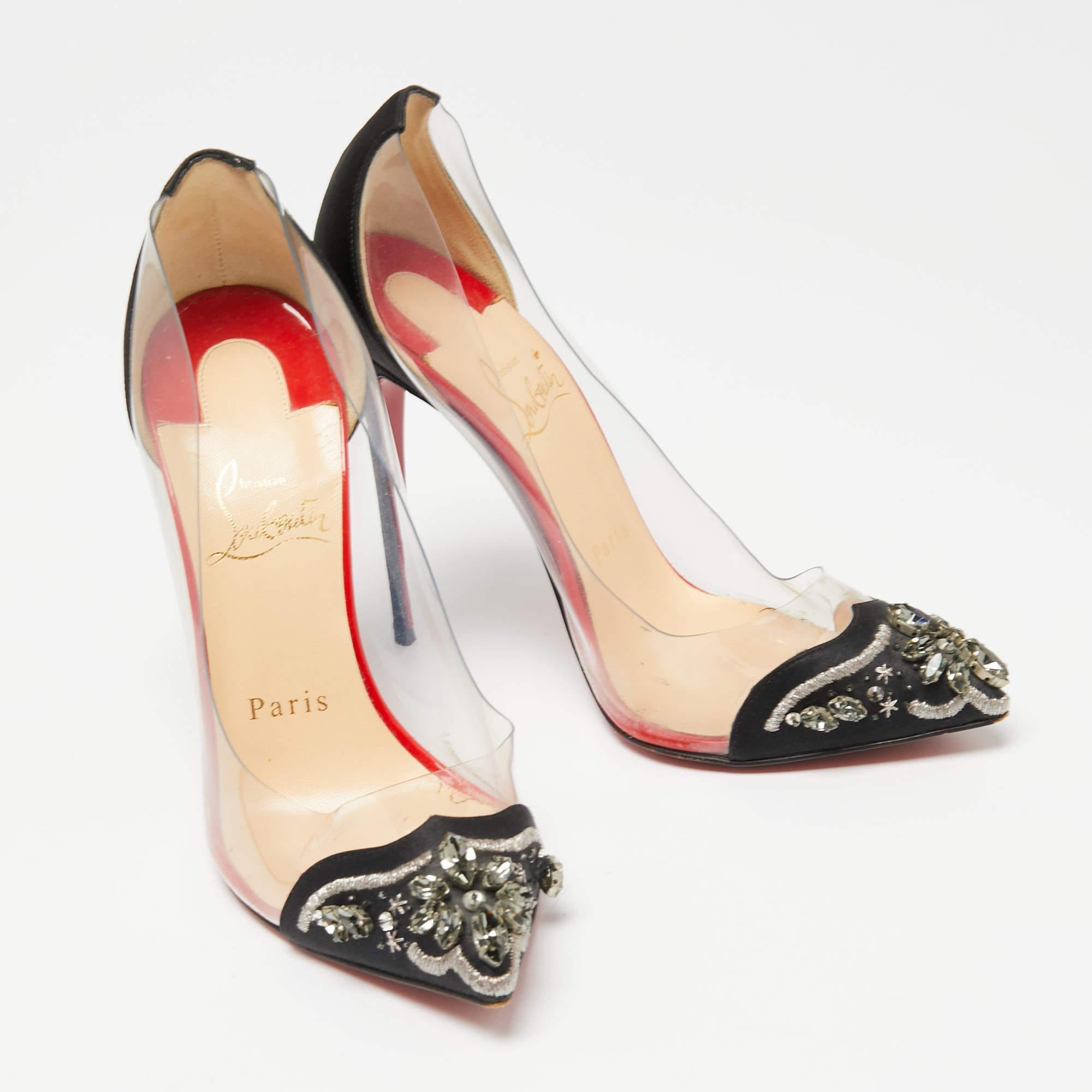 Women's Christian Louboutin Black Satin and PVC Bollywood Boulevard Pumps Size 36 For Sale