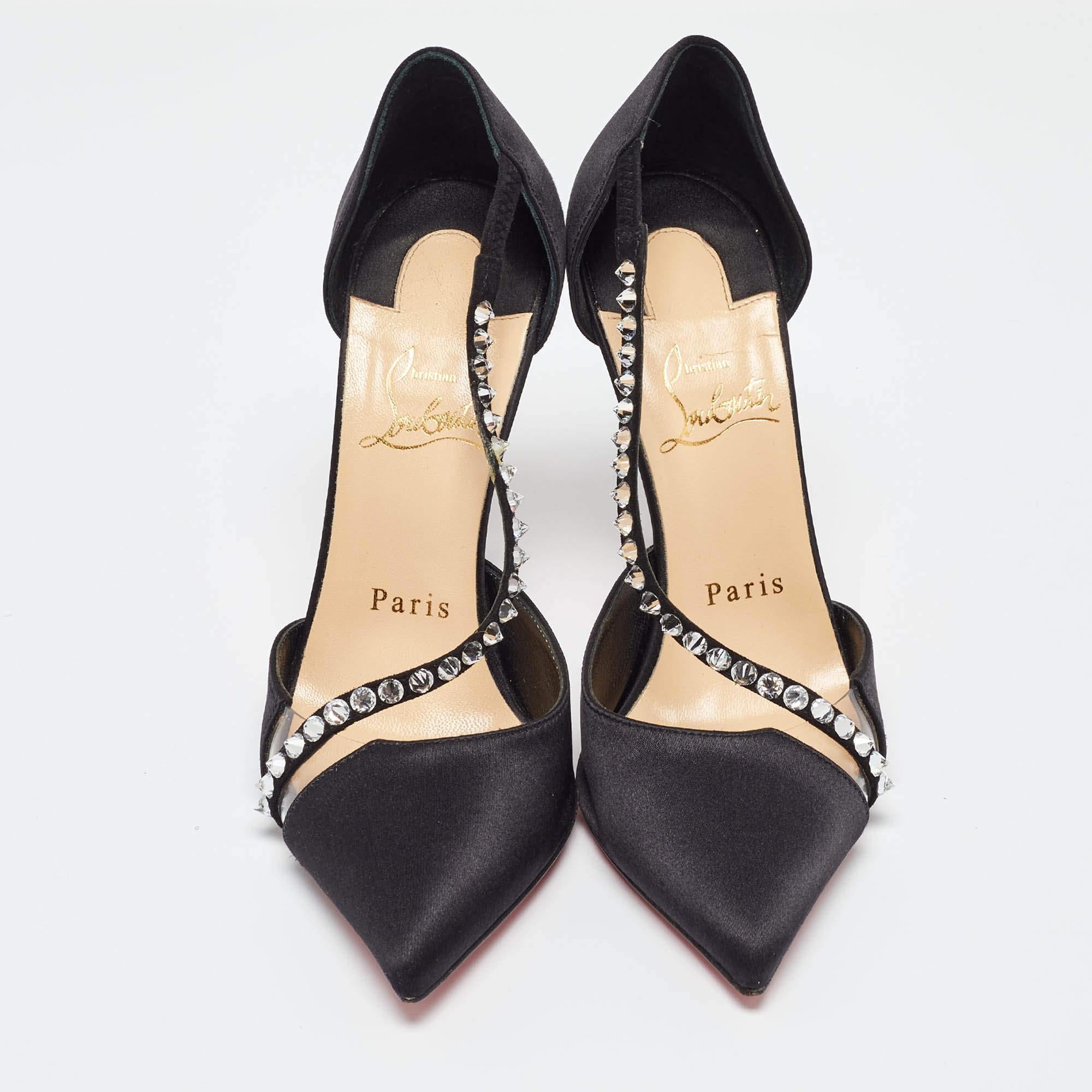 Christian Louboutin Black Satin and PVC Krystal Cross Pumps Size 36 In Good Condition In Dubai, Al Qouz 2