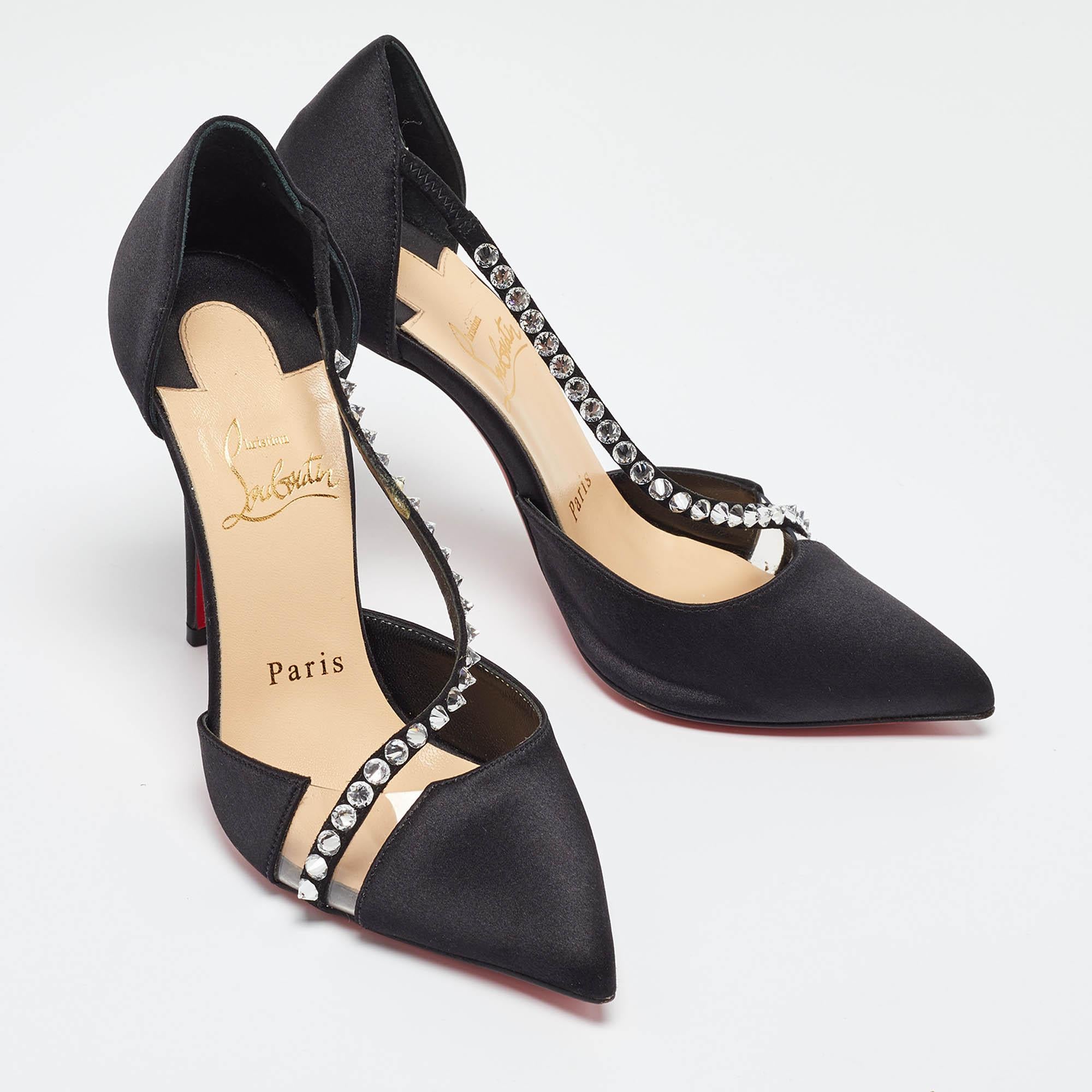 Women's Christian Louboutin Black Satin and PVC Krystal Cross Pumps Size 36