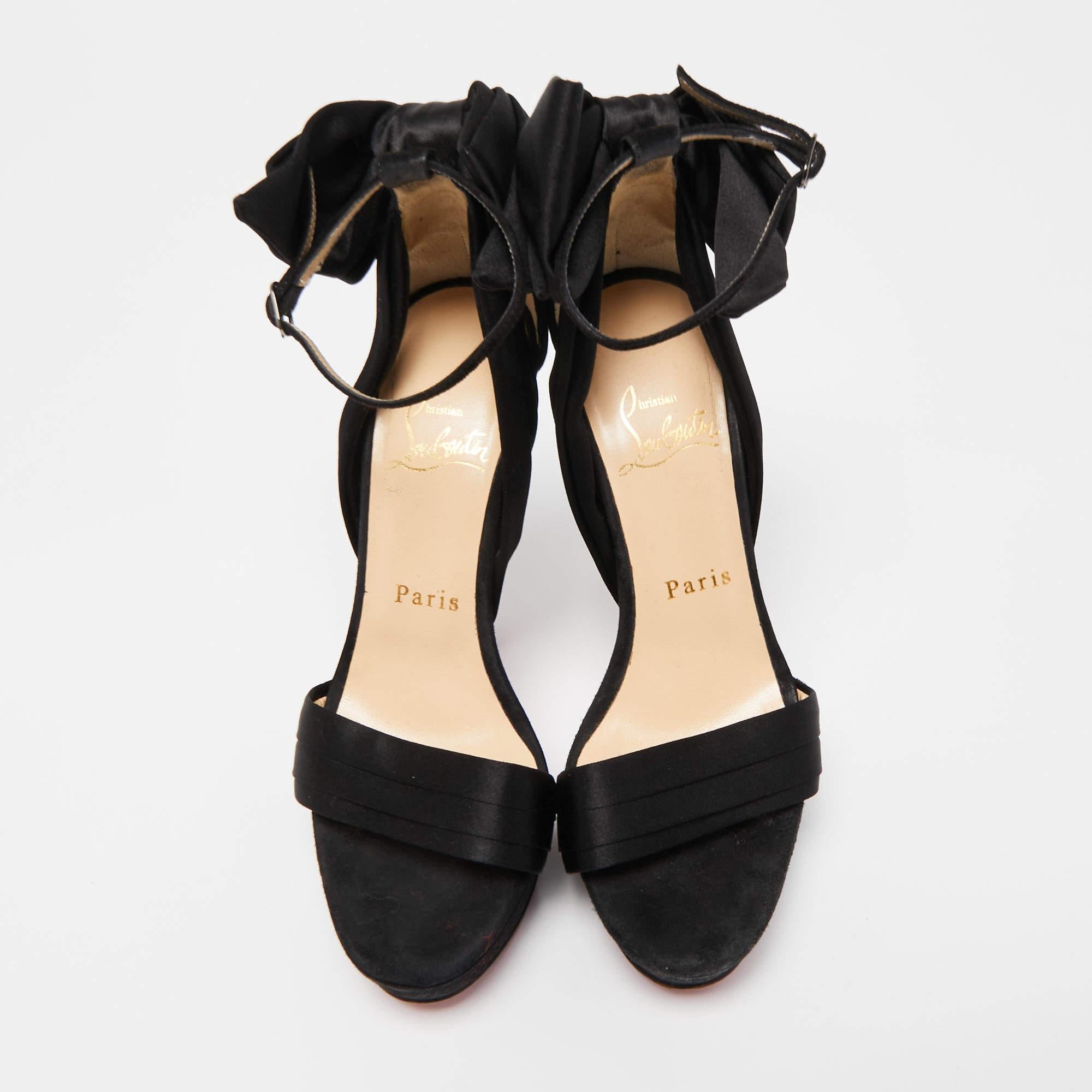 Christian Louboutin Black Satin and Suede Vampanodo Bow Platform Ankle Strap In Good Condition In Dubai, Al Qouz 2