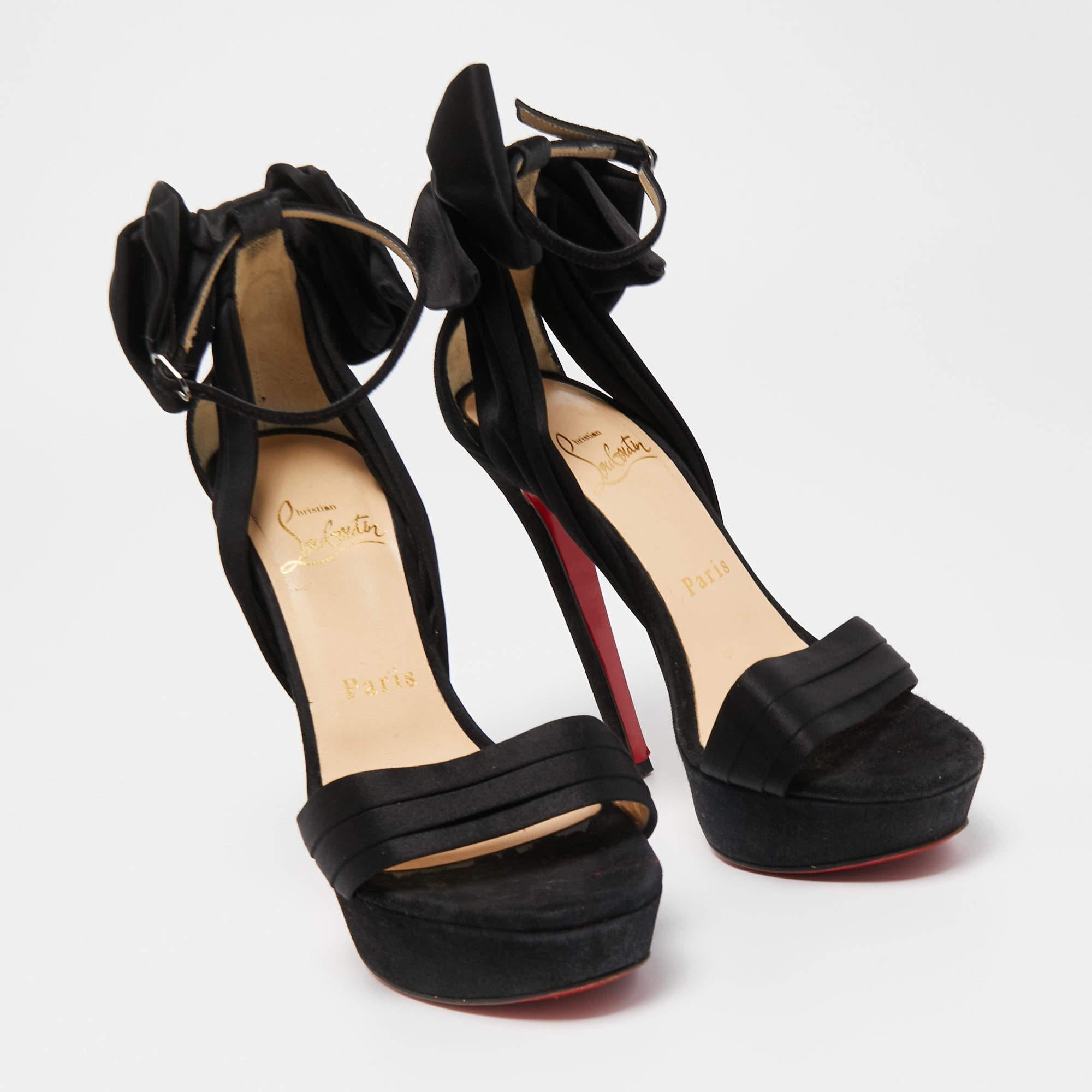 Women's Christian Louboutin Black Satin and Suede Vampanodo Bow Platform Ankle Strap