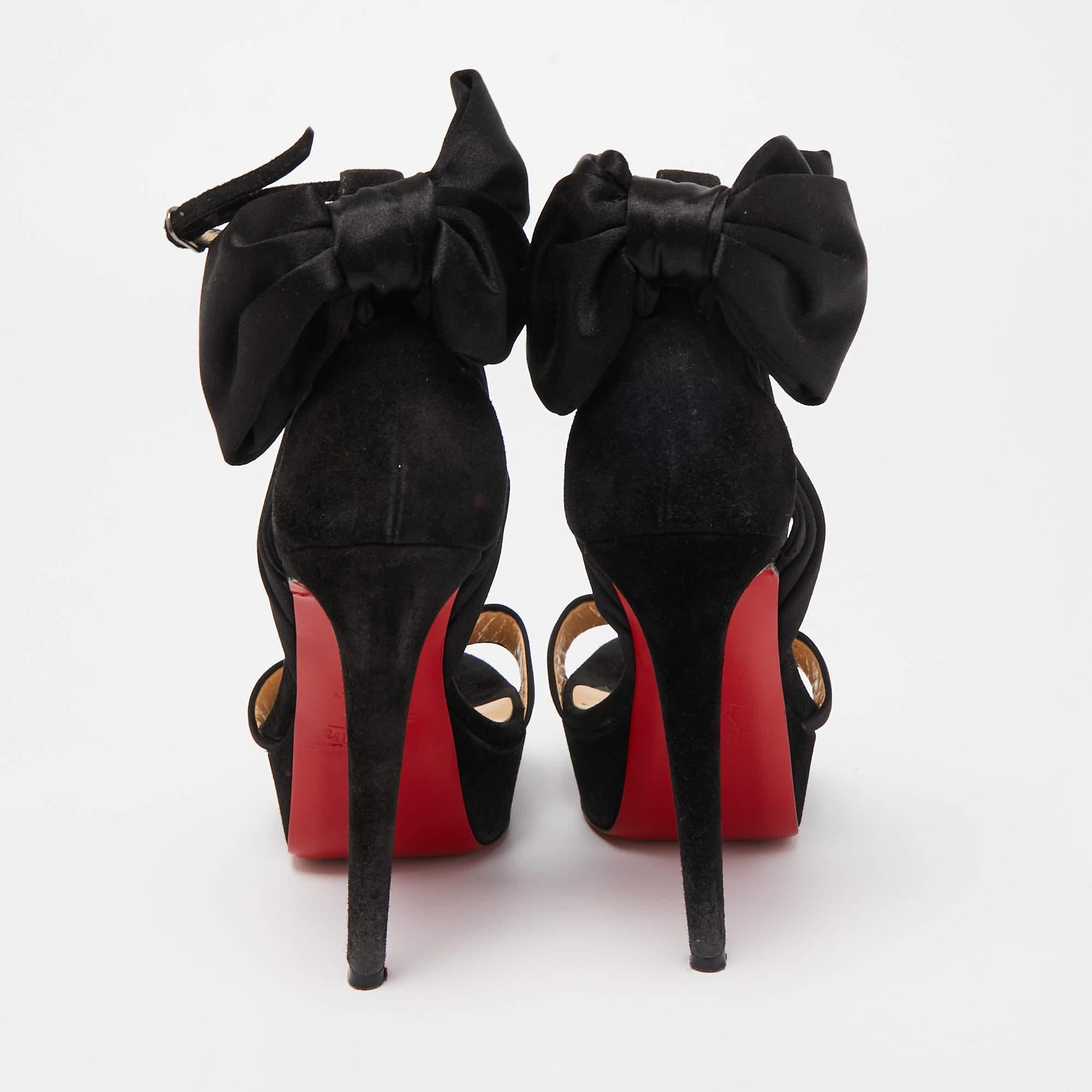 Christian Louboutin Black Satin and Suede Vampanodo Bow Platform Ankle Strap 2