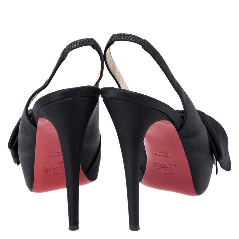 Women's Christian Louboutin Black Satin Bow Slingback Platform Sandals Size 39.5