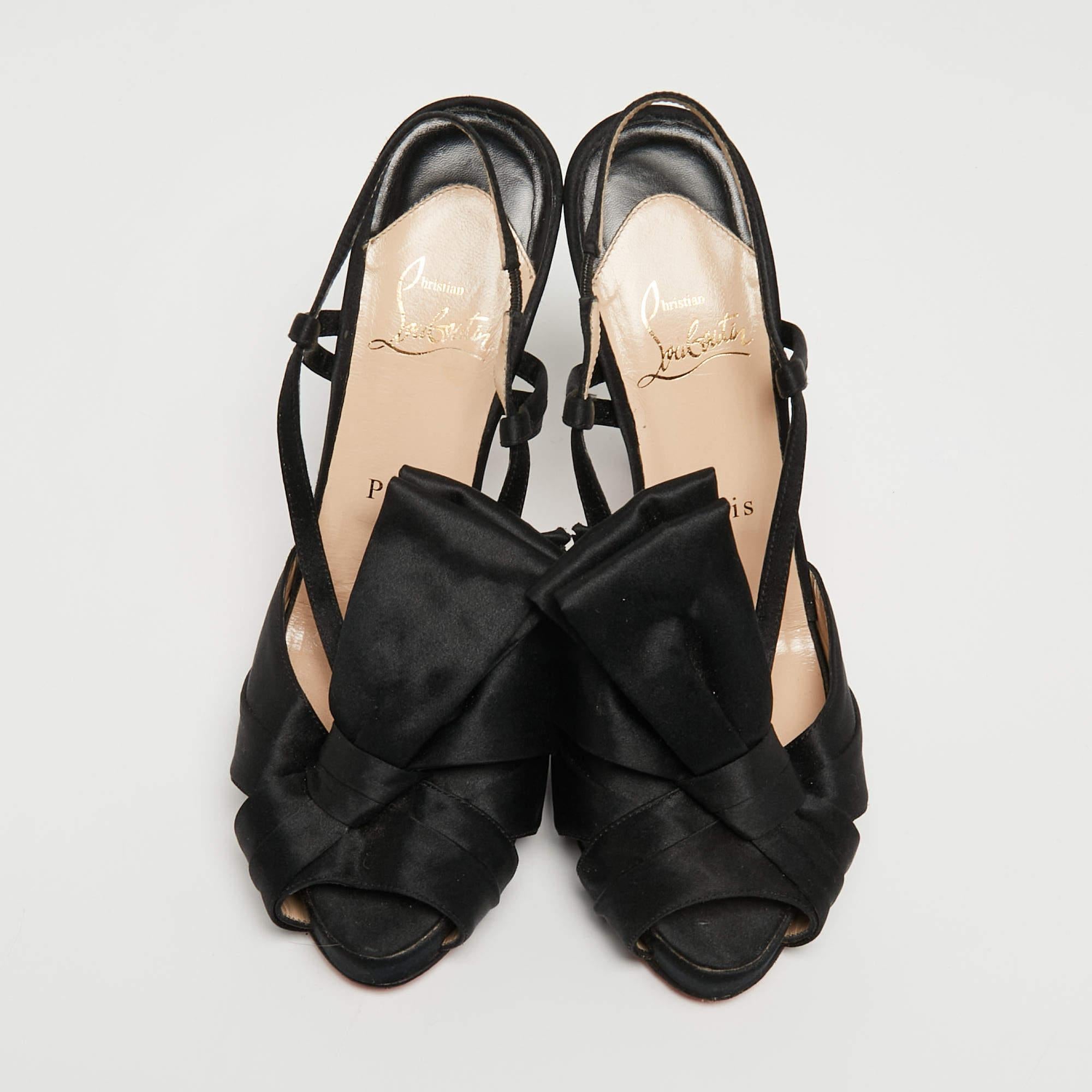 Christian Louboutin Black Satin Bow Slingback Sandals Size 37.5 In Good Condition For Sale In Dubai, Al Qouz 2