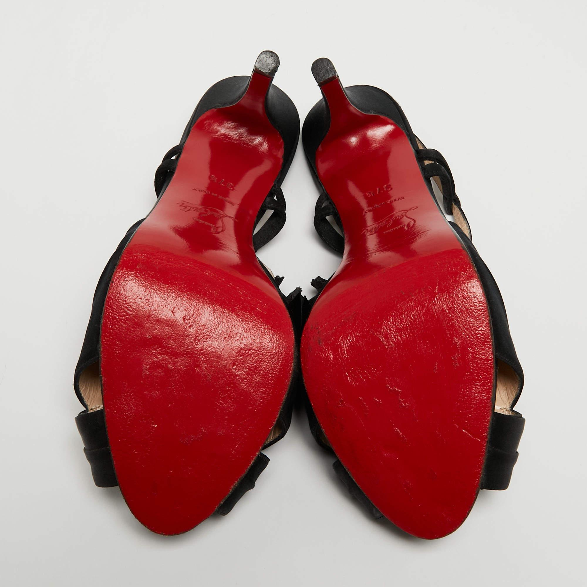 Women's Christian Louboutin Black Satin Bow Slingback Sandals Size 37.5 For Sale