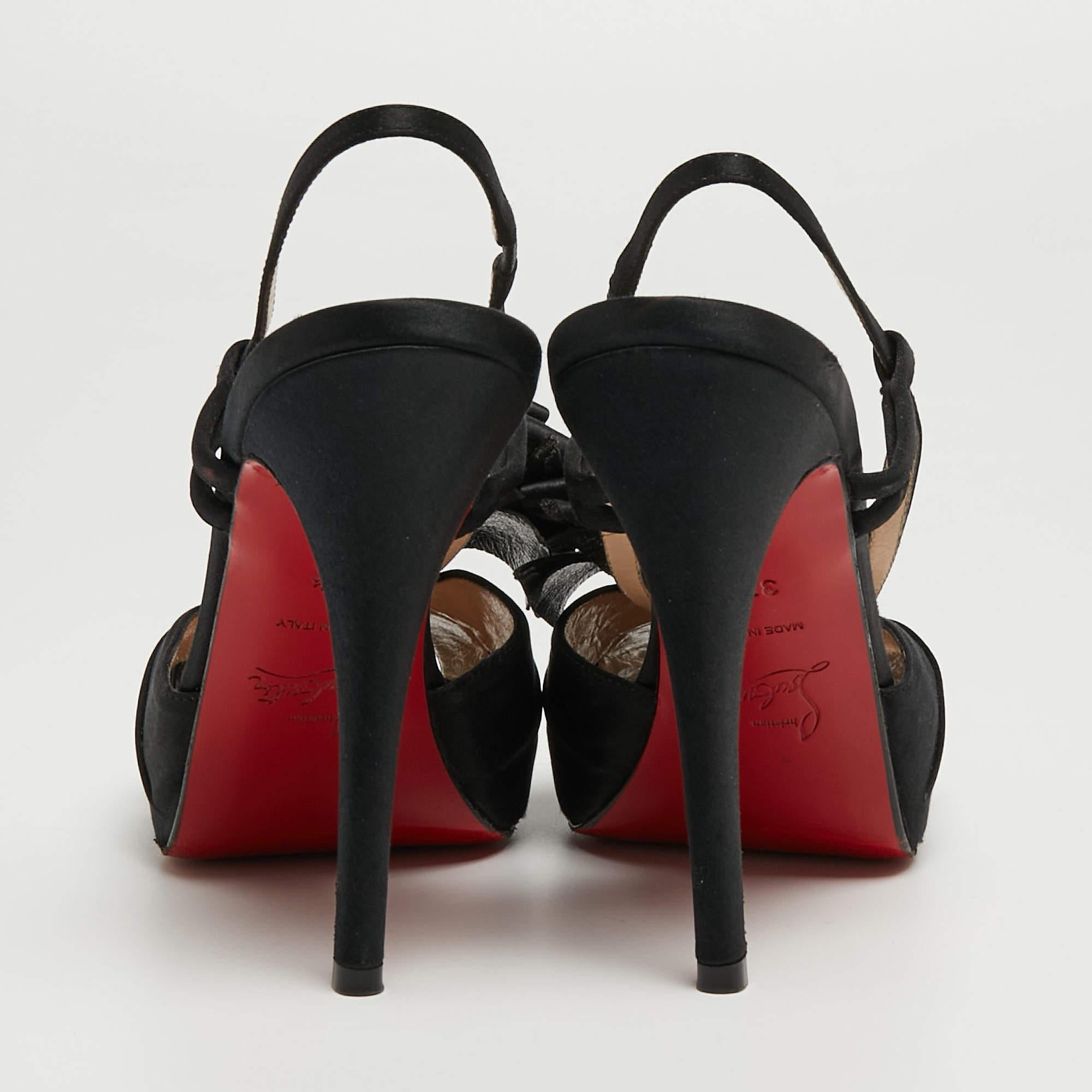 Christian Louboutin Black Satin Bow Slingback Sandals Size 37.5 For Sale 1