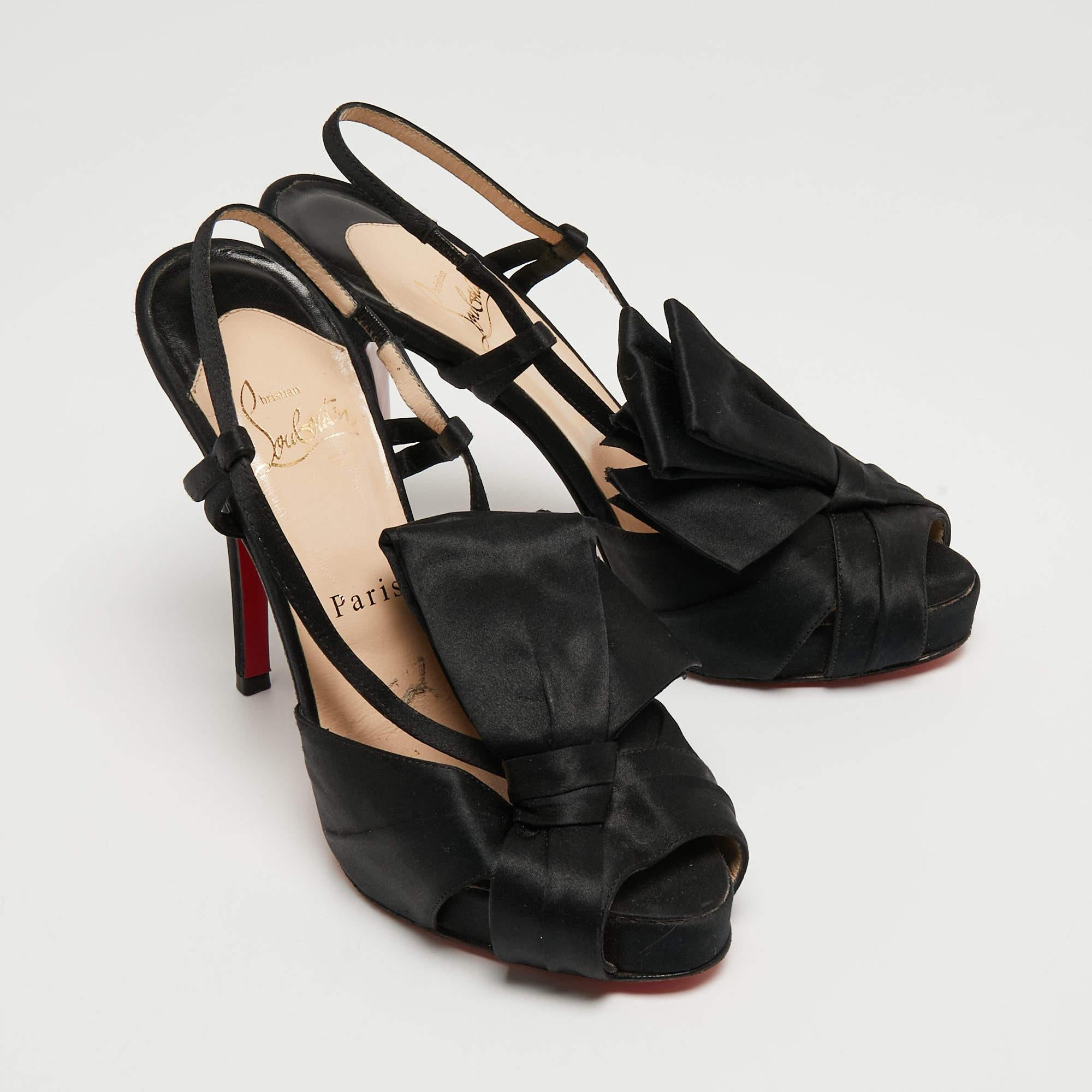 Christian Louboutin Black Satin Bow Slingback Sandals Size 37.5 For Sale 3