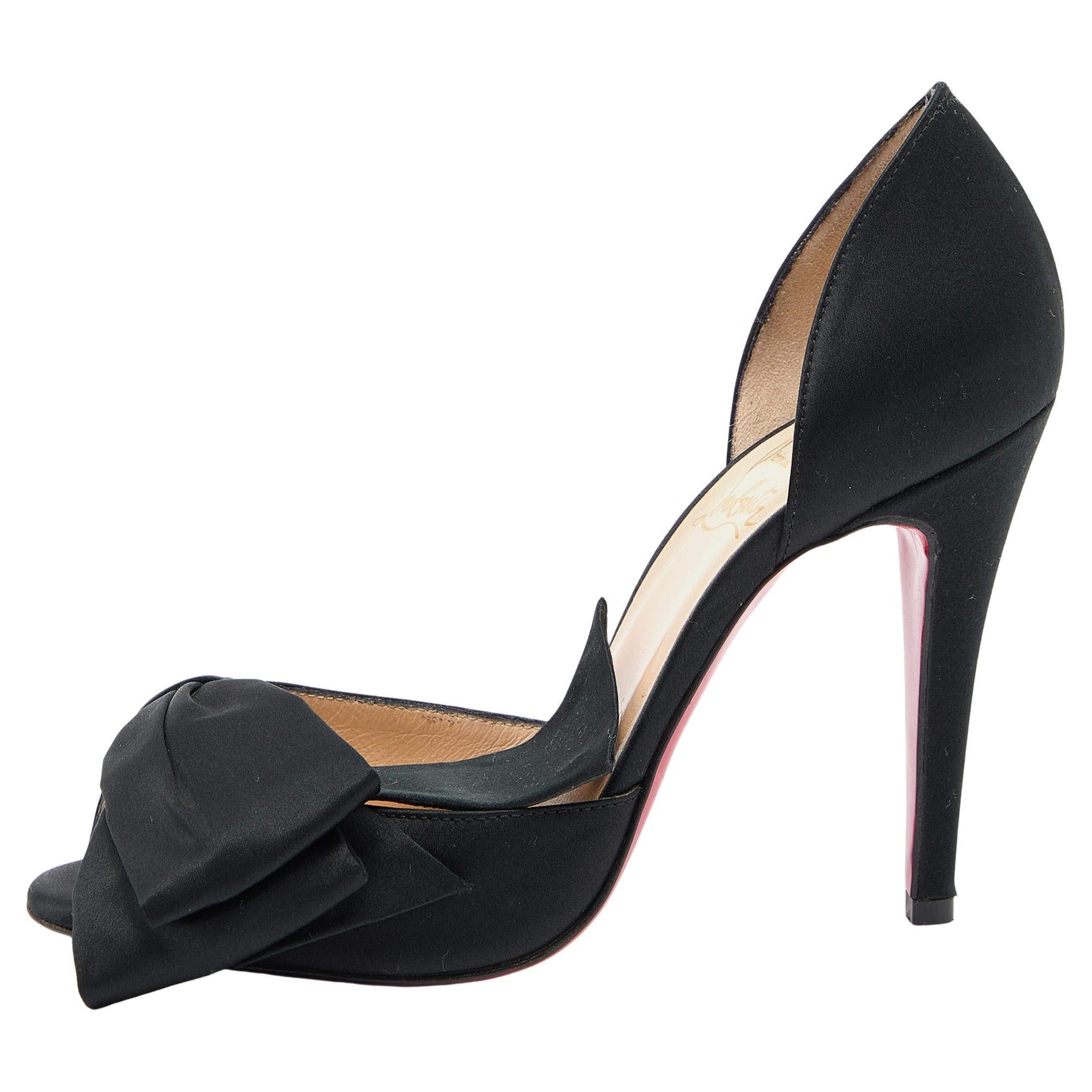 Christian Louboutin Black Satin Bow T Dorcet Peep Toe Pumps Size 37