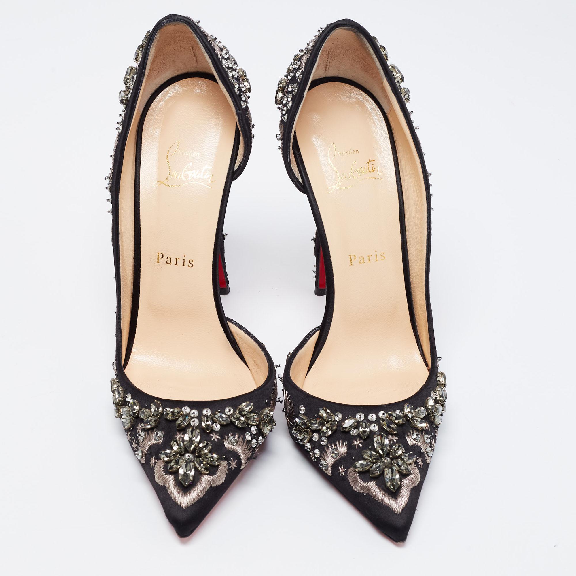 Women's Christian Louboutin Black Satin Brodiriza Embellished D'orsay Pumps Size 40