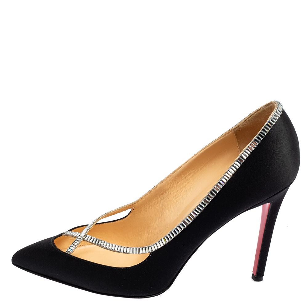 Women's Christian Louboutin Black Satin Crystal Trim Pointed-Toe Pumps Size 40