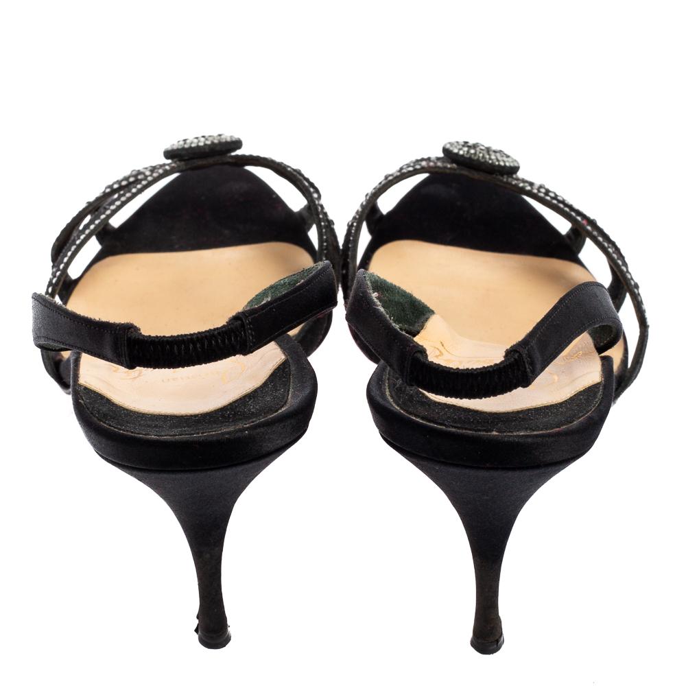 Christian Louboutin Black Satin Crystals Embellished Slingback Sandals Size 39 1