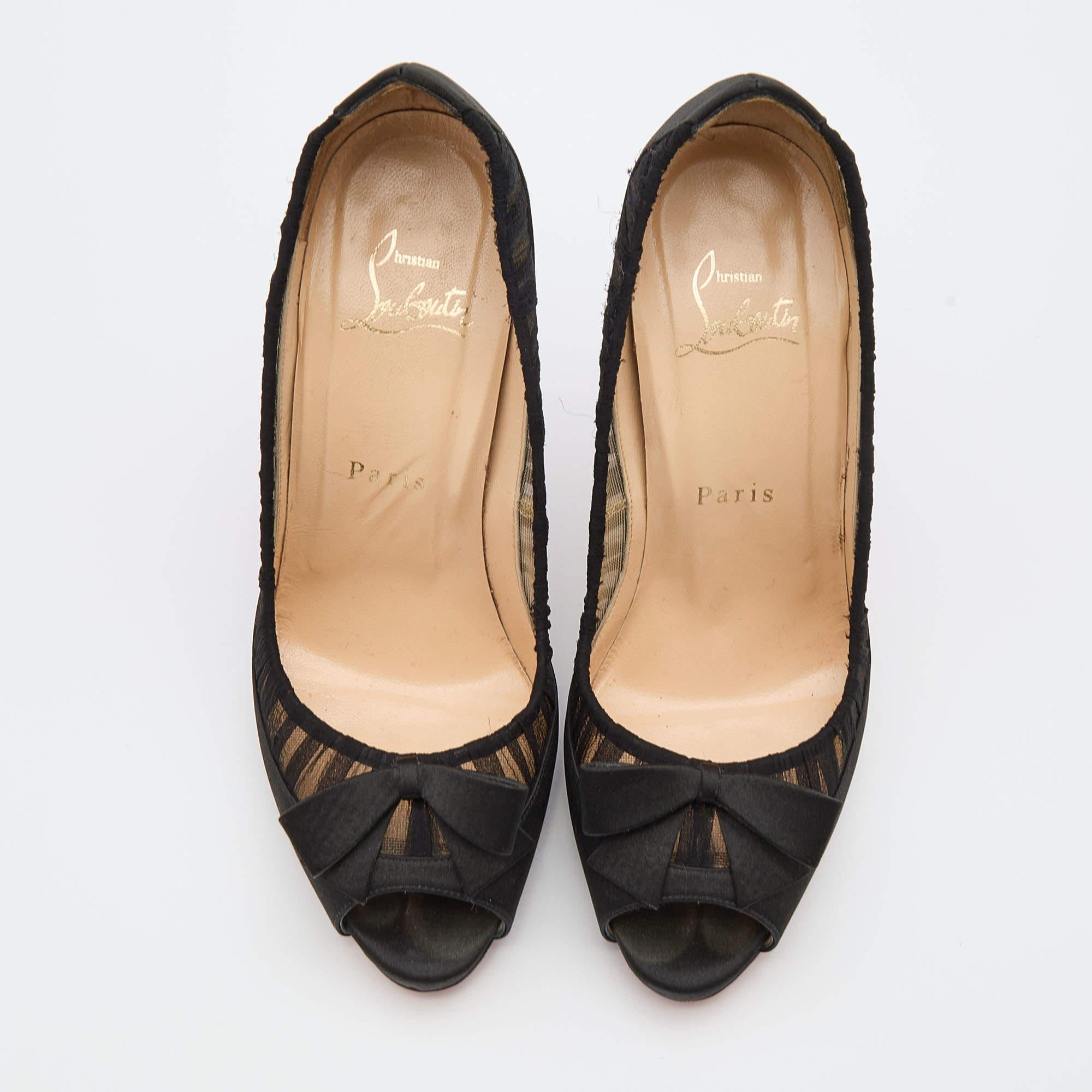 Christian Louboutin Black Satin & Fabric Angelique Bow Peep Toe Pumps Size 36.5 In Fair Condition In Dubai, Al Qouz 2