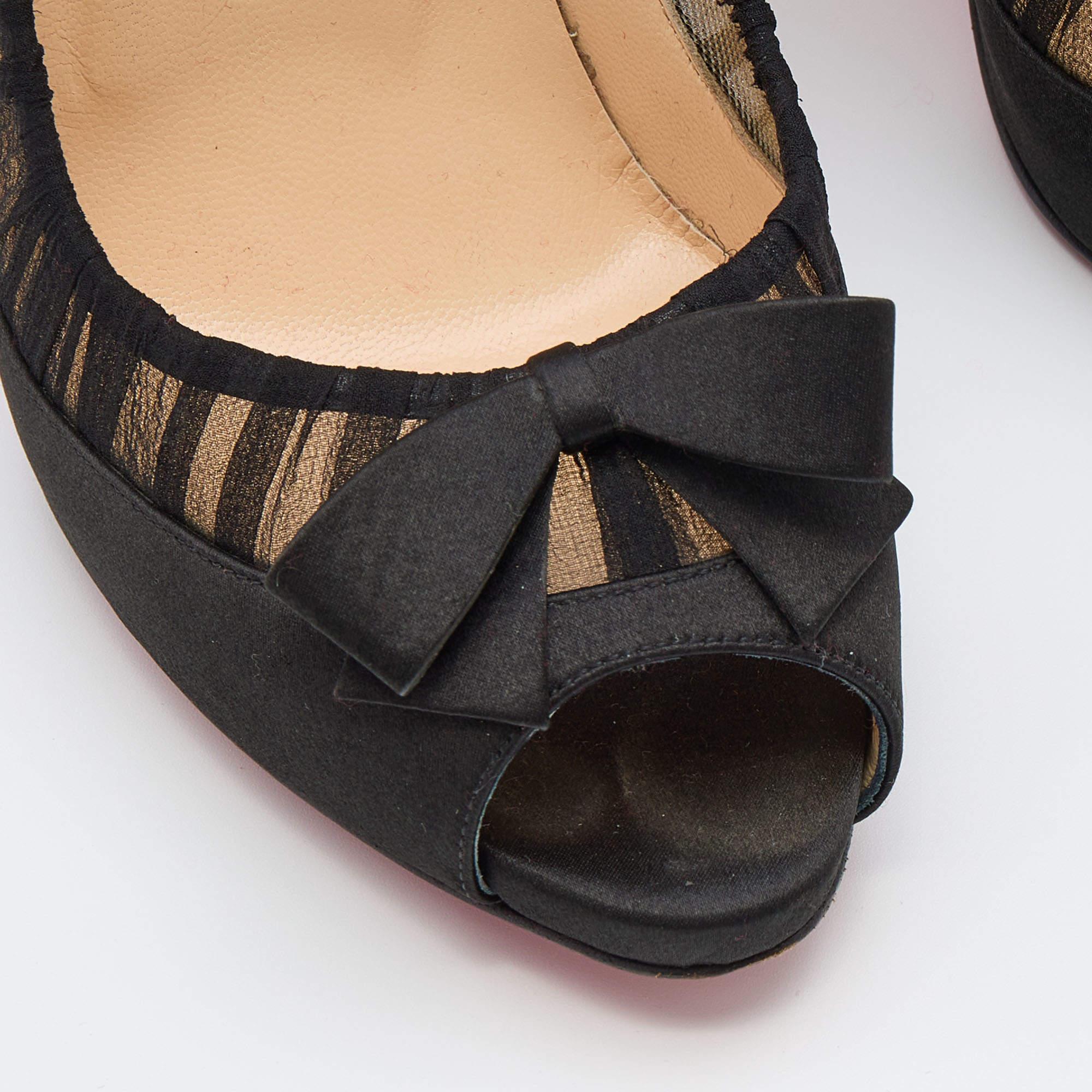 Christian Louboutin Black Satin & Fabric Angelique Bow Peep Toe Pumps Size 36.5 3