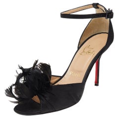 Christian Louboutin Black Satin Feather Rosazissimo Ankle Strap Sandals Size 38