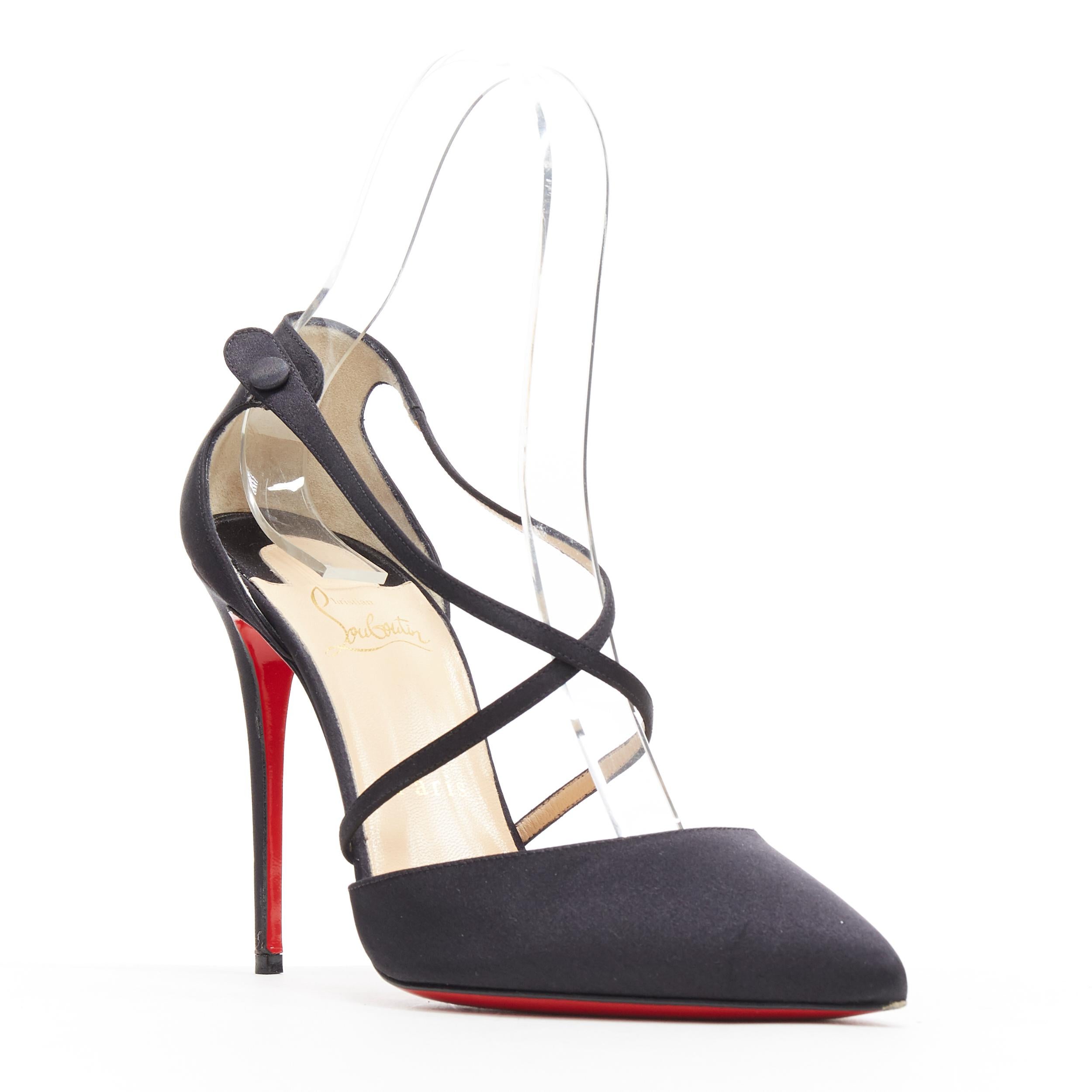 CHRISTIAN LOUBOUTIN zapato de salón de satén negro con apliques florales y tiras cruzadas EU38.5 Negro