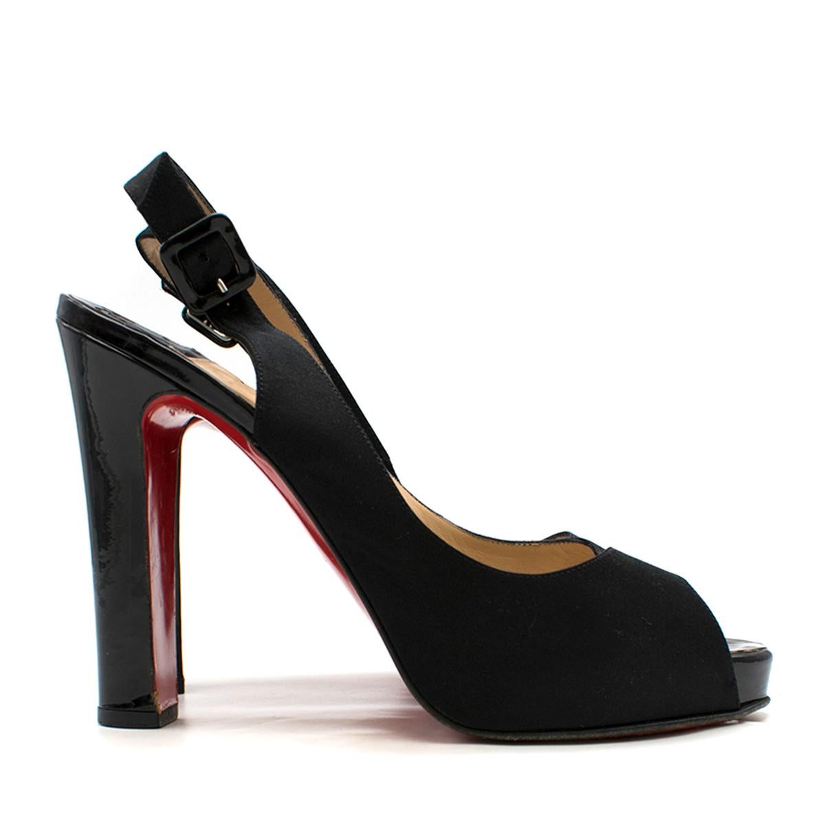 Christian Louboutin Black Satin High-heeled Sandals 

- Black Satin High- Heeled Sandals
- 130 mm Black Patented Leather High Heels
- Peep toe, rounded toe
- Back Buckle Strap  
- Signature Red bottom sole
- This item comes with an original dust