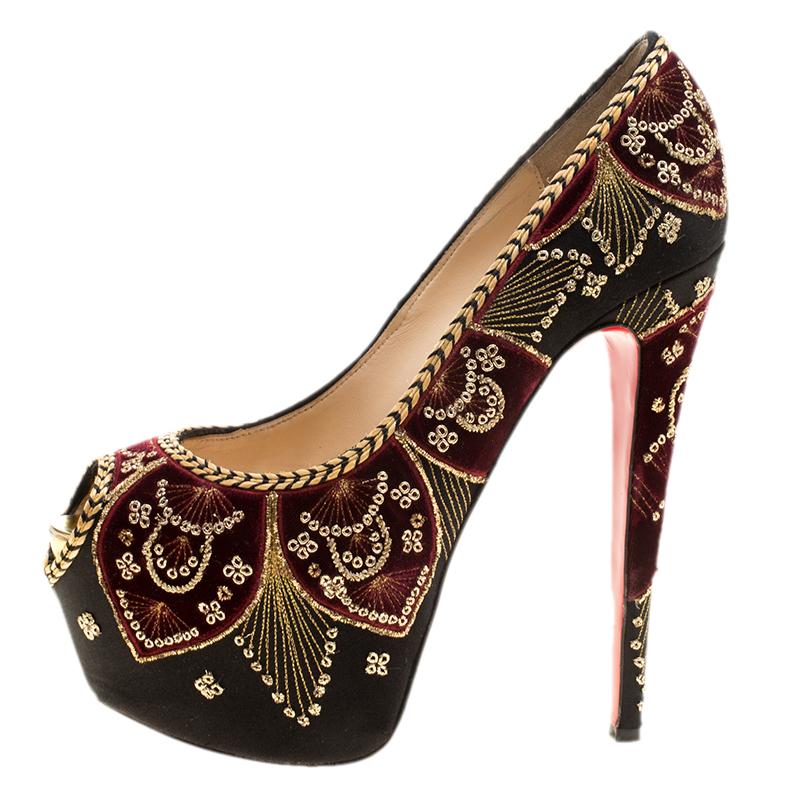 Women's Christian Louboutin Black Satin Highness Sombrero Velvet Embroidered Peep Toe