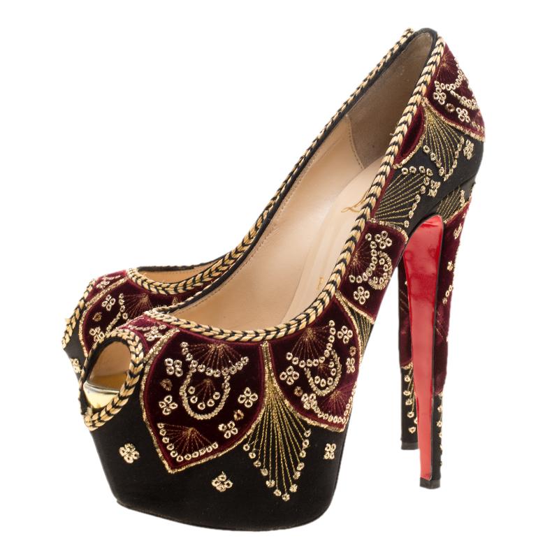 Christian Louboutin Black Satin Highness Sombrero Velvet Embroidered Peep Toe 1