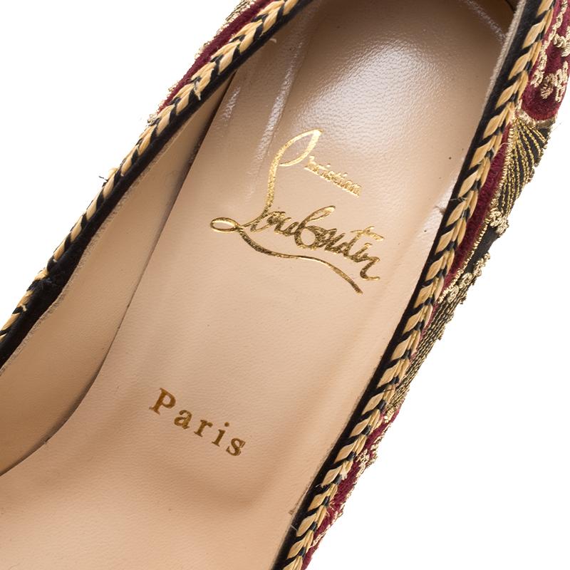 Christian Louboutin Black Satin Highness Sombrero Velvet Embroidered Peep Toe 2