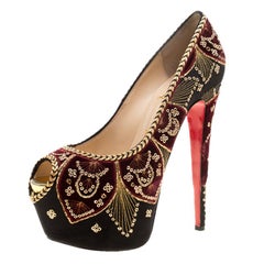 Christian Louboutin Black Satin Highness Sombrero Velvet Embroidered Peep Toe