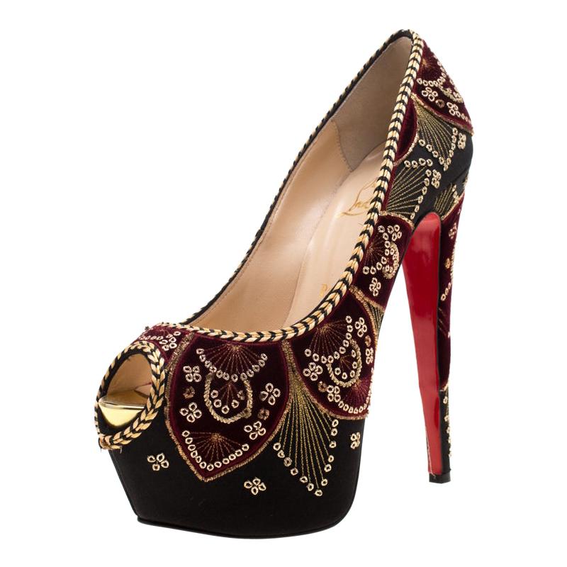 Christian Louboutin Black Satin Highness Sombrero Velvet Embroidered Peep Toe Pl