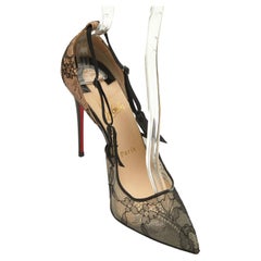 CHRISTIAN LOUBOUTIN Black Satin Lace HOT JEANBI 100 Pump Floral Heel 100mm 38.5