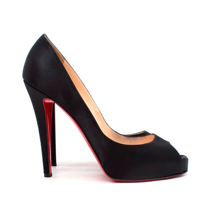  Christian Louboutin Black Satin Peep Toe Heeled Pumps
 

 - Black satin upper 
 - Peep toe
 - Set on a stiletto heel and platform
 - Lined with nude leather
 - Signature red sole
 

 Materials:
 Leather
 

 Made in Italy
 

 PLEASE NOTE, THESE