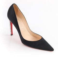 CHRISTIAN LOUBOUTIN Black Satin Pointed Toe Swarvoski Crystal Heel Pumps