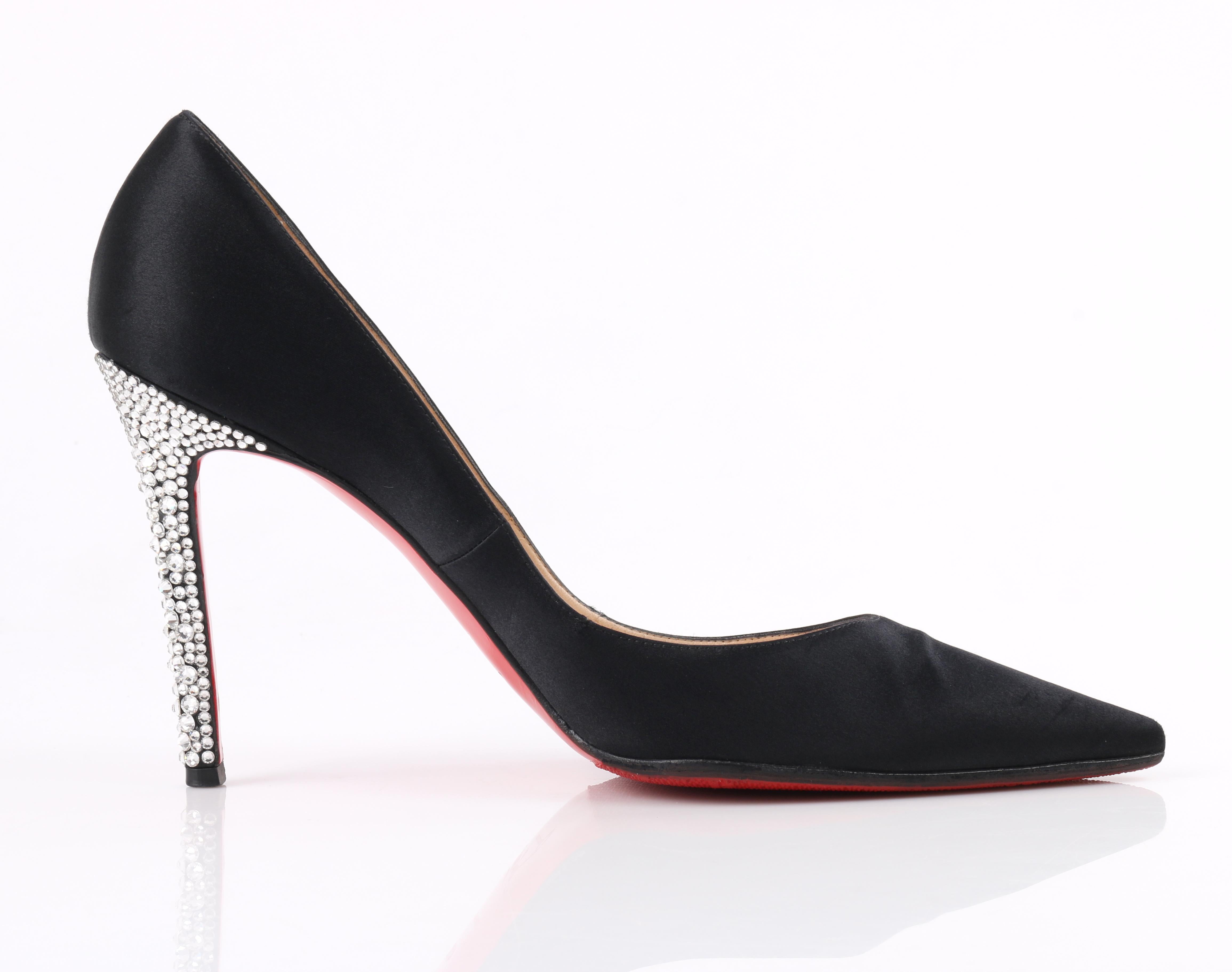 CHRISTIAN LOUBOUTIN Black Satin Pointed Toe Swarvoski Crystal Heel Pumps In Good Condition In Thiensville, WI