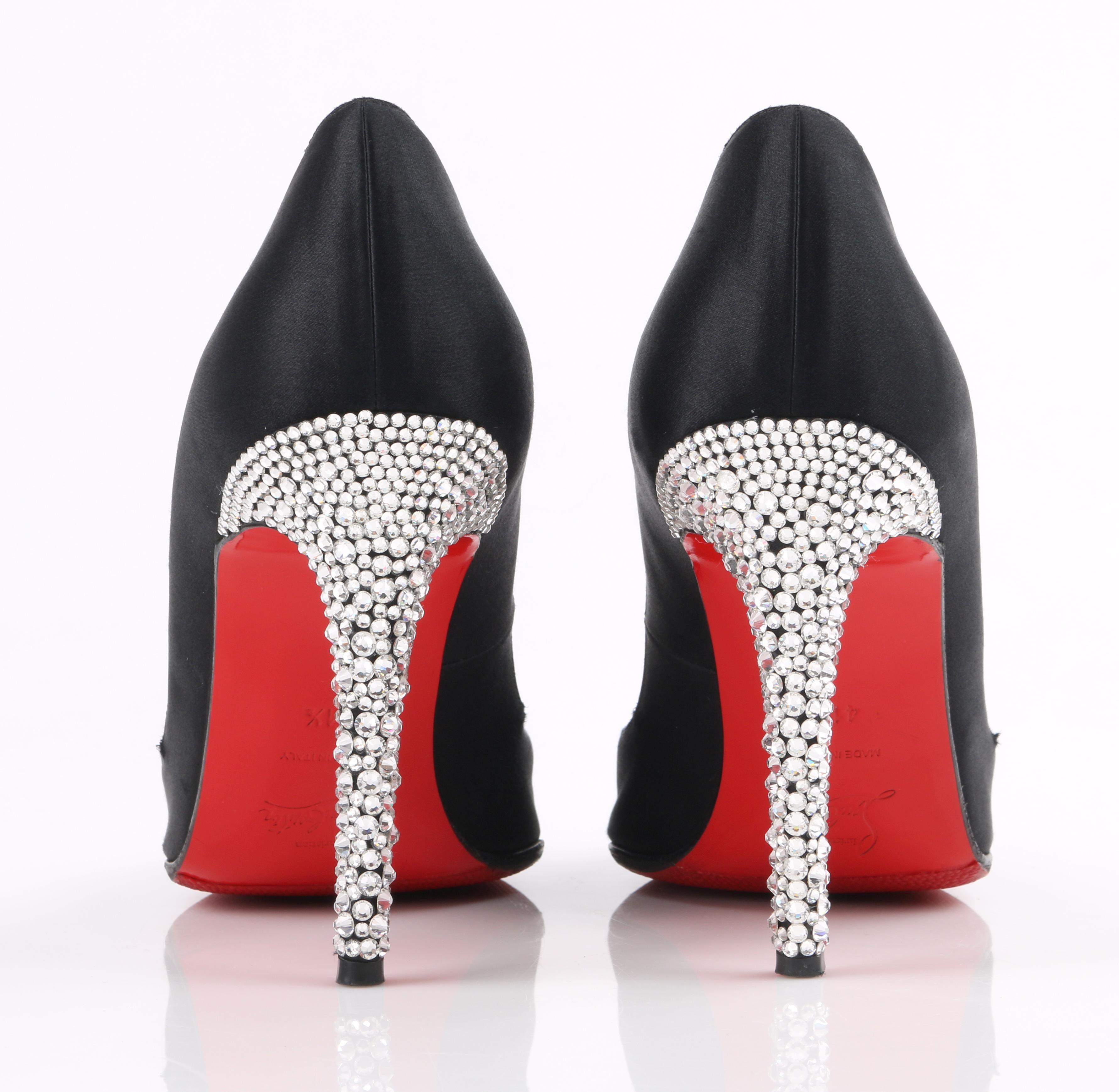 CHRISTIAN LOUBOUTIN Black Satin Pointed Toe Swarvoski Crystal Heel Pumps 2