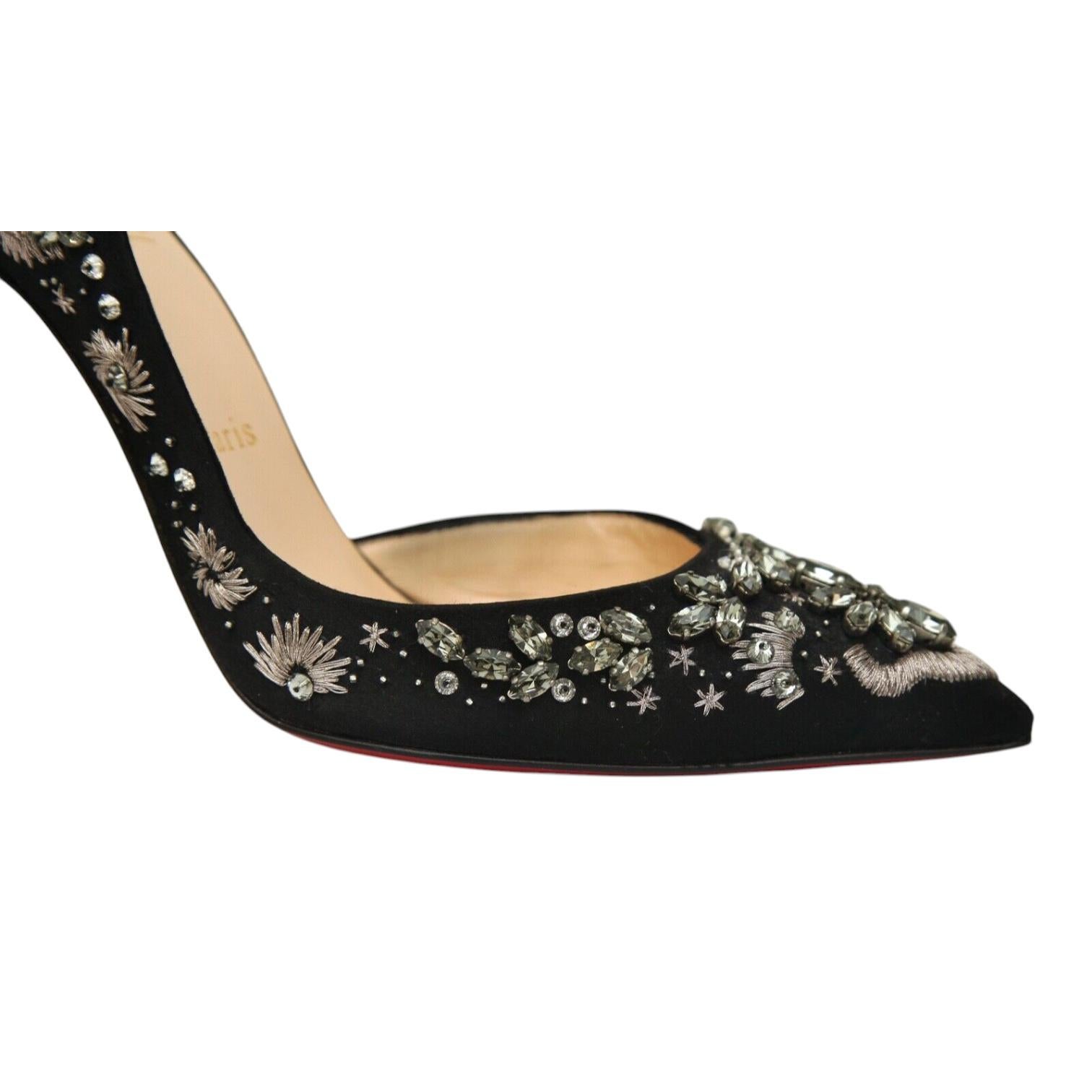 CHRISTIAN LOUBOUTIN Black Pumps Satin ARTIFICE 100mm Crystals D'Orsay 38 $2365 For Sale 5