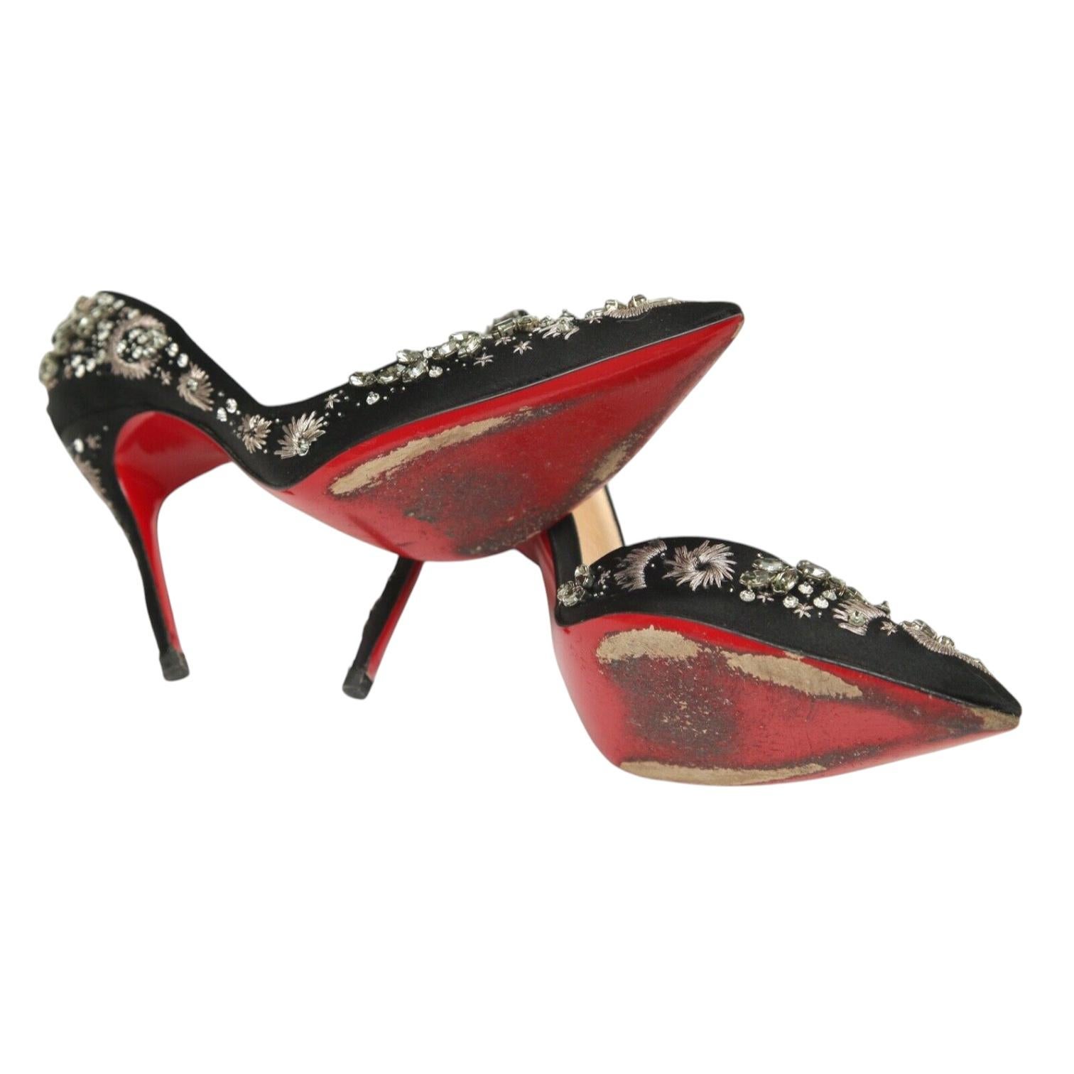CHRISTIAN LOUBOUTIN Black Pumps Satin ARTIFICE 100mm Crystals D'Orsay 38 $2365 For Sale 9
