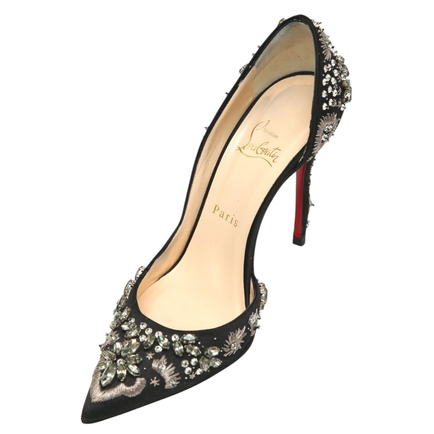 Beige CHRISTIAN LOUBOUTIN Black Pumps Satin ARTIFICE 100mm Crystals D'Orsay 38 $2365 For Sale