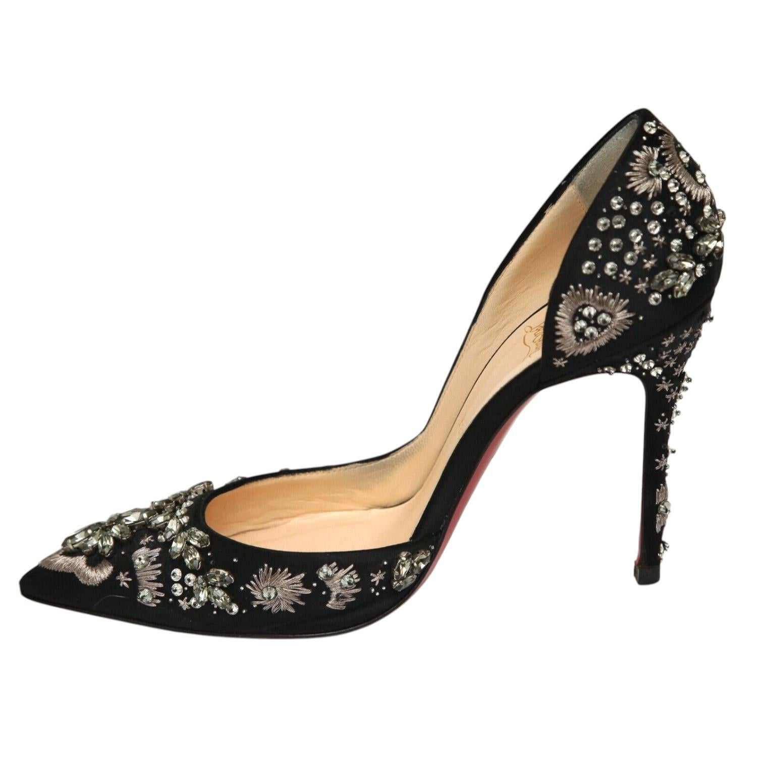 CHRISTIAN LOUBOUTIN Black Pumps Satin ARTIFICE 100mm Crystals D'Orsay 38 $2365 In Good Condition For Sale In Hollywood, FL
