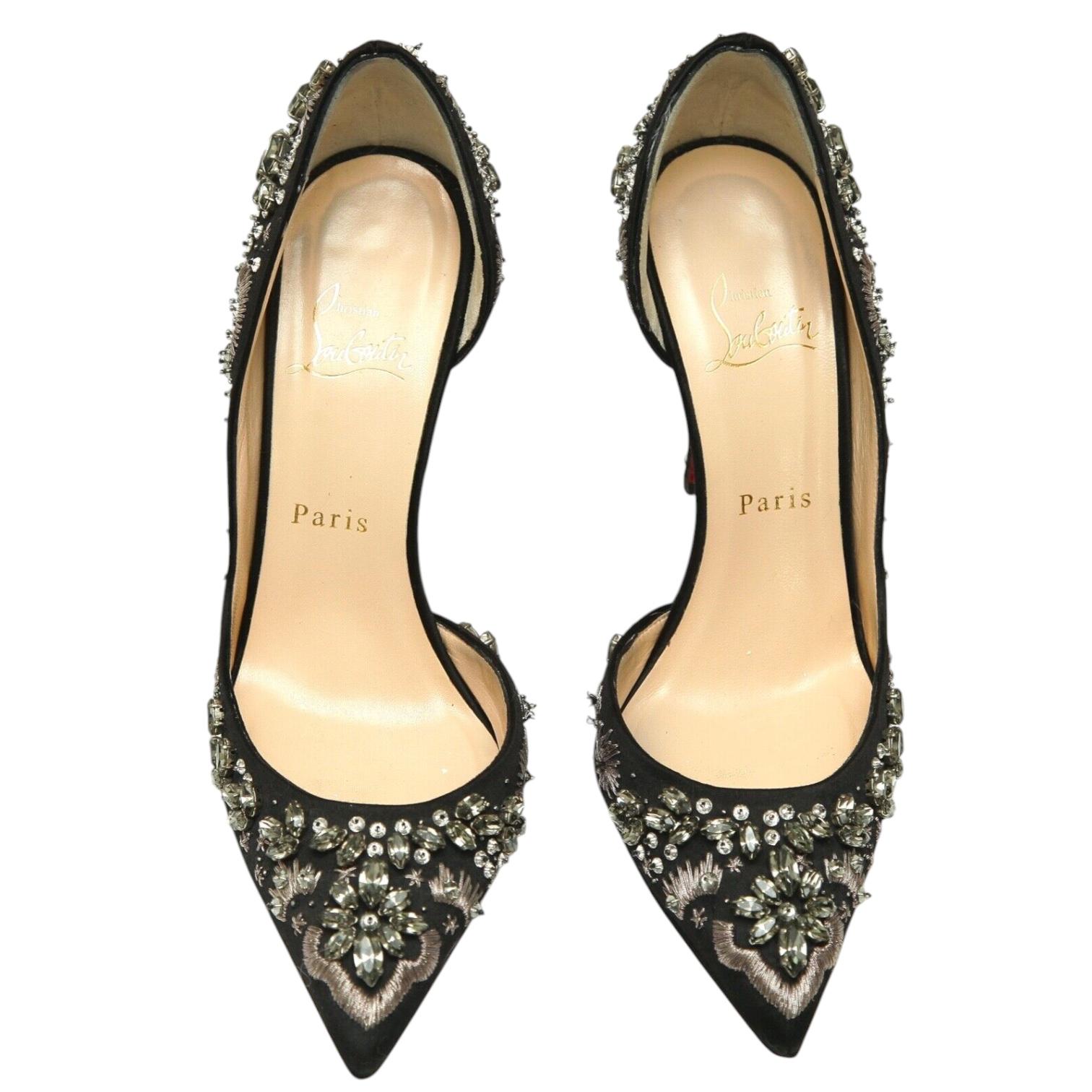 Women's CHRISTIAN LOUBOUTIN Black Pumps Satin ARTIFICE 100mm Crystals D'Orsay 38 $2365 For Sale