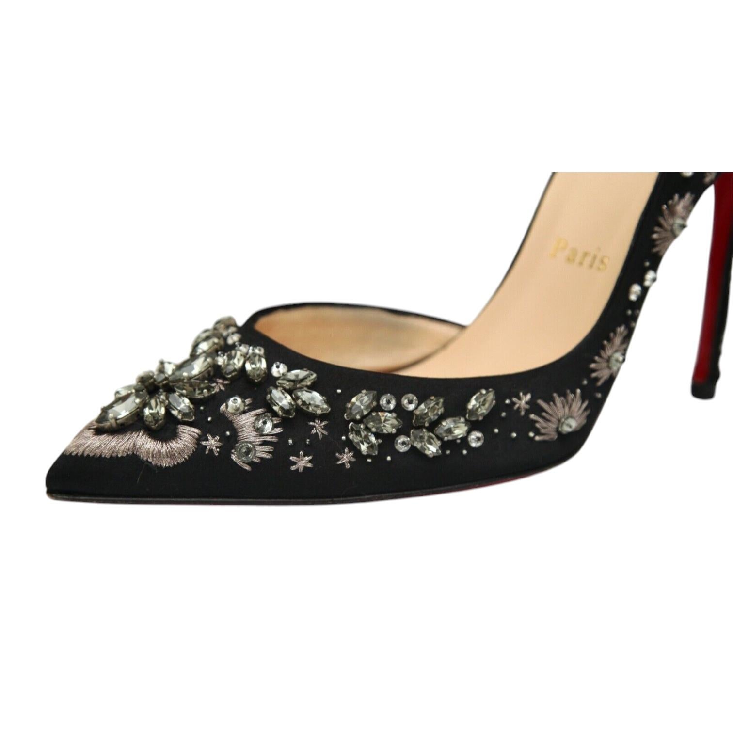 CHRISTIAN LOUBOUTIN Black Pumps Satin ARTIFICE 100mm Crystals D'Orsay 38 $2365 For Sale 2
