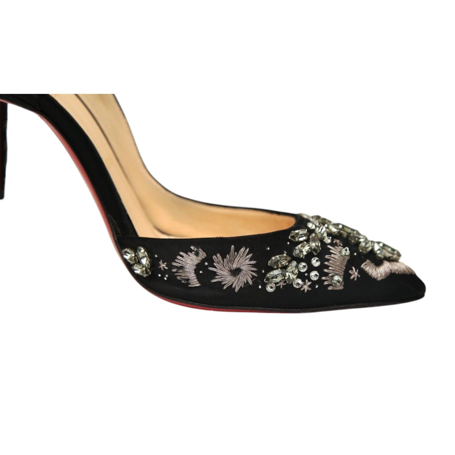 CHRISTIAN LOUBOUTIN Black Pumps Satin ARTIFICE 100mm Crystals D'Orsay 38 $2365 For Sale 3