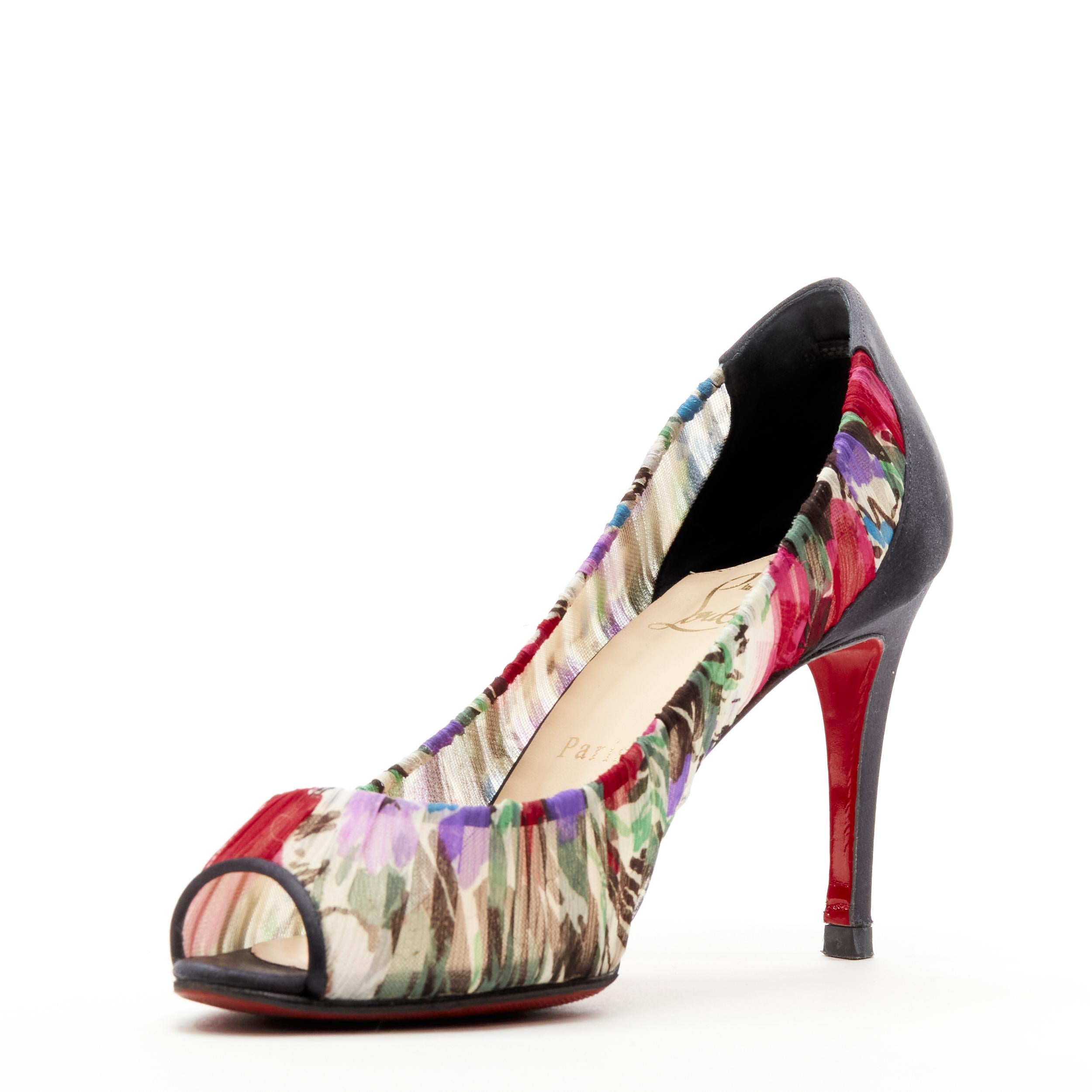 CHRISTIAN LOUBOUTIN black satin sheer floral peep toe heel EU37 In Good Condition For Sale In Hong Kong, NT