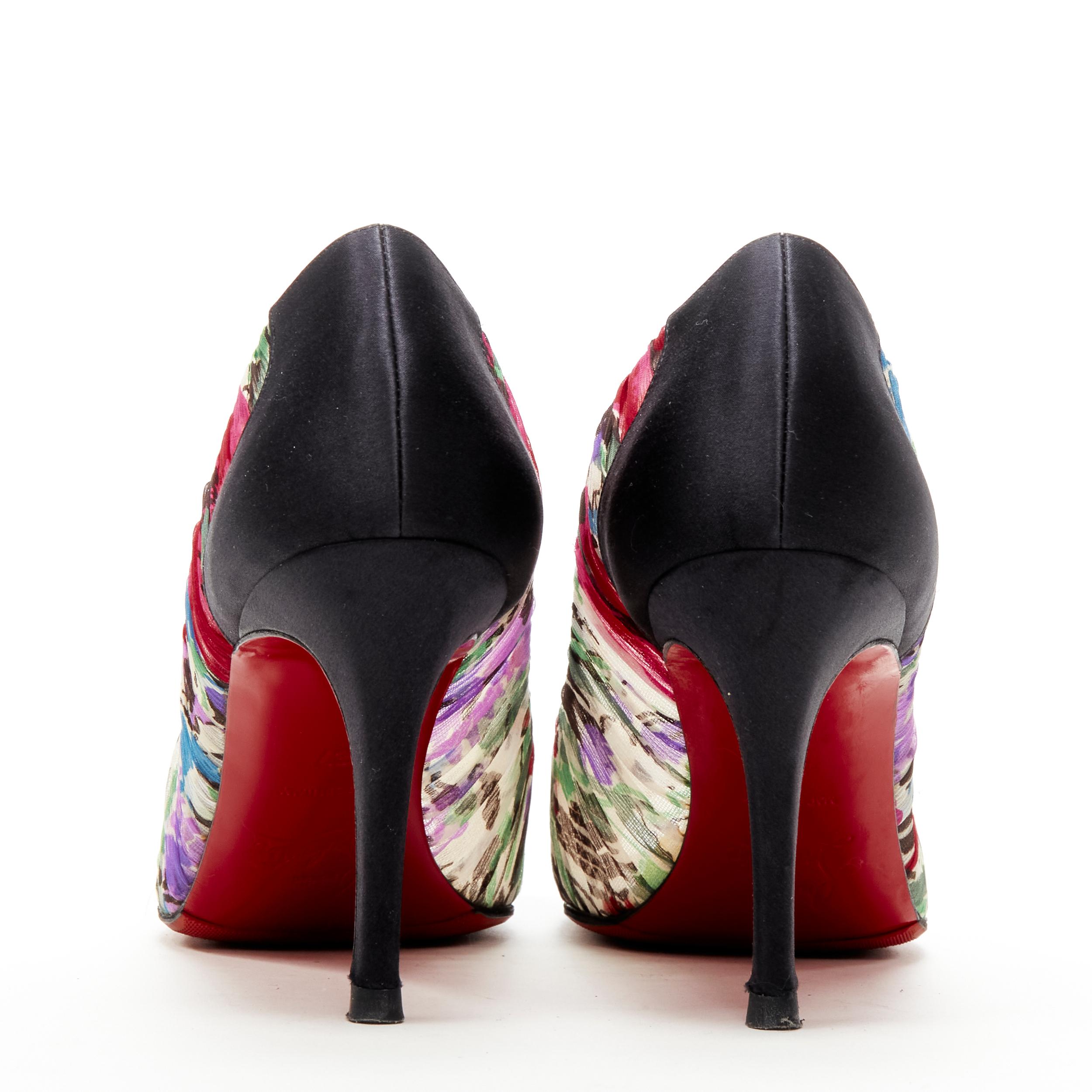 Women's CHRISTIAN LOUBOUTIN black satin sheer floral peep toe heel EU37 For Sale