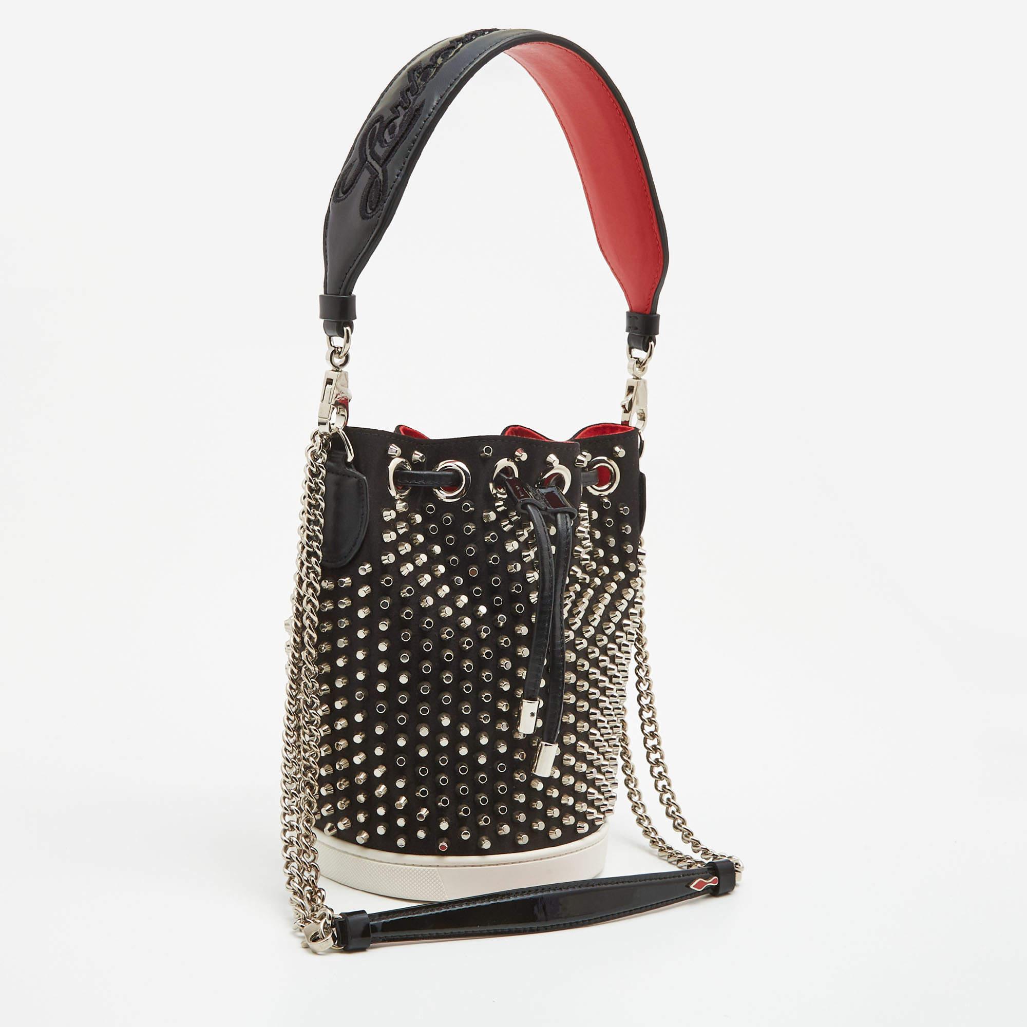 Women's Christian Louboutin Black Satin Studded Marie Jane Bucket Bag