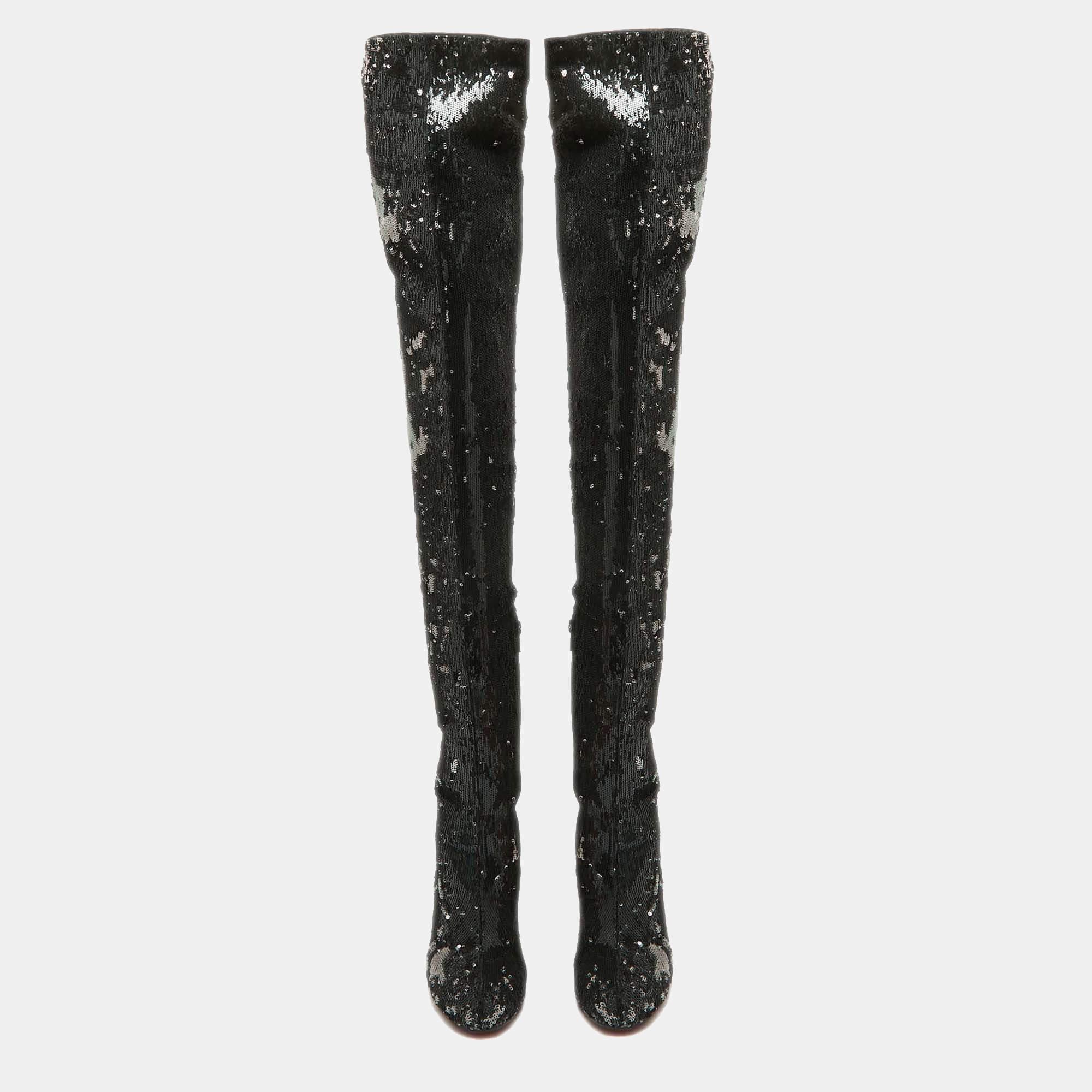 Noir Christian Louboutin - Bottes hautes Louise 100 à sequins noirs, taille 37,5