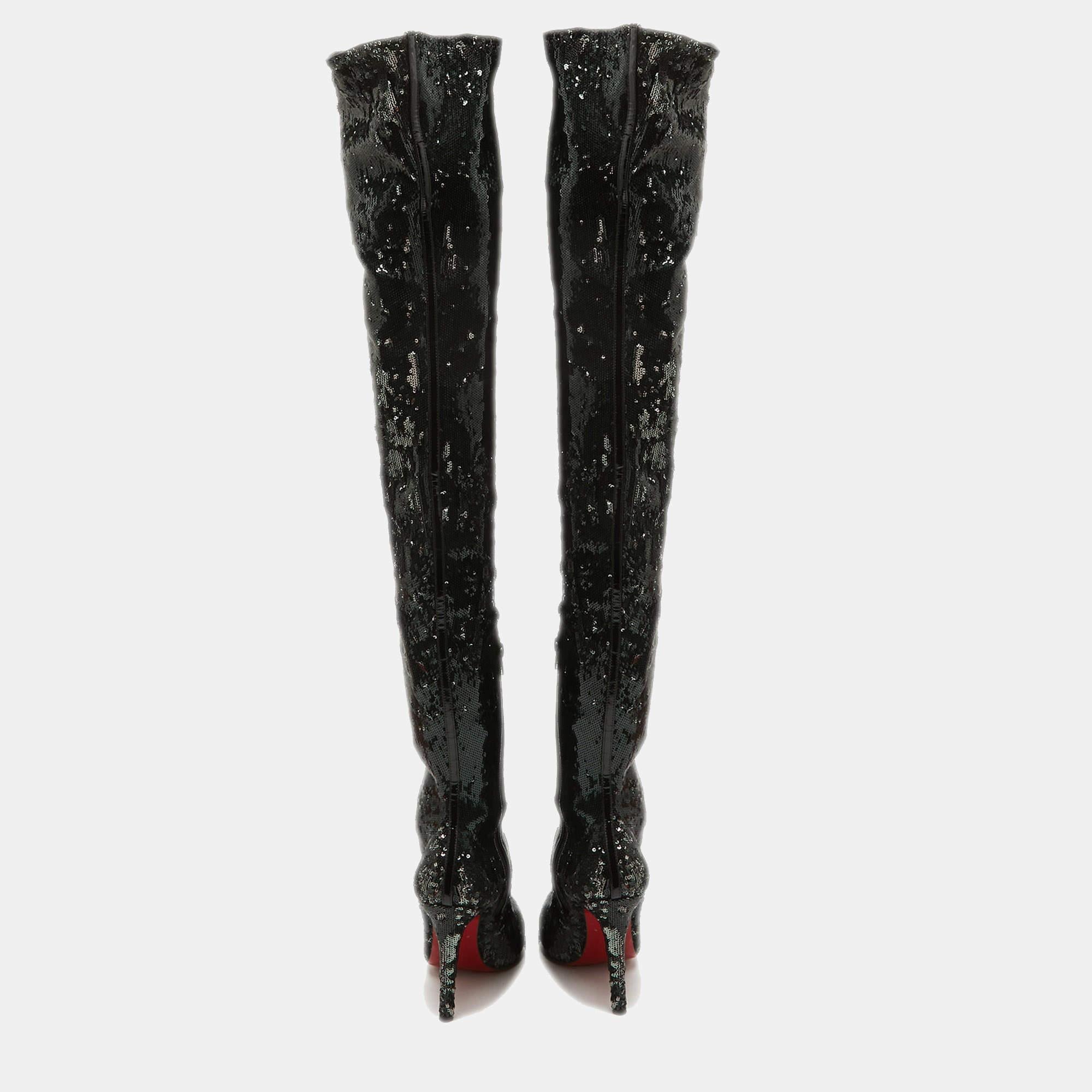  Christian Louboutin - Bottes hautes Louise 100 à sequins noirs, taille 37,5 Pour femmes 