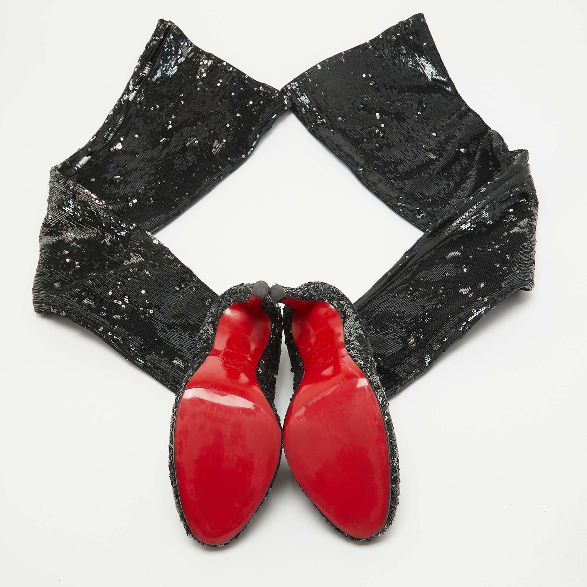 Christian Louboutin - Bottes hautes Louise 100 à sequins noirs, taille 37,5 1